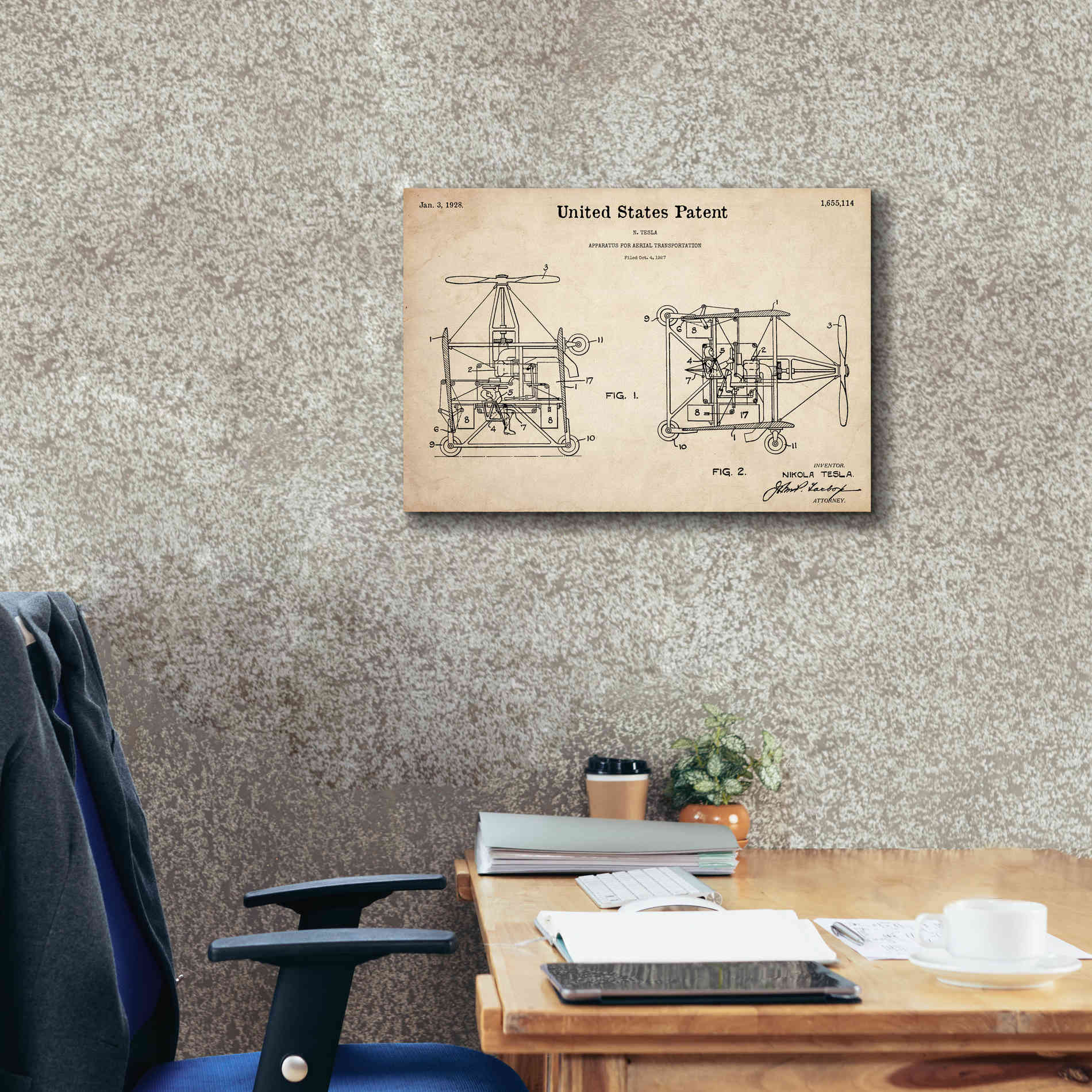 'Tesla Aerial Apparatus Blueprint Patent Parchment,' Canvas Wall Art,26 x 18