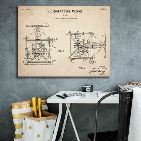 Image of 'Tesla Aerial Apparatus Blueprint Patent Parchment,' Canvas Wall Art,34 x 26