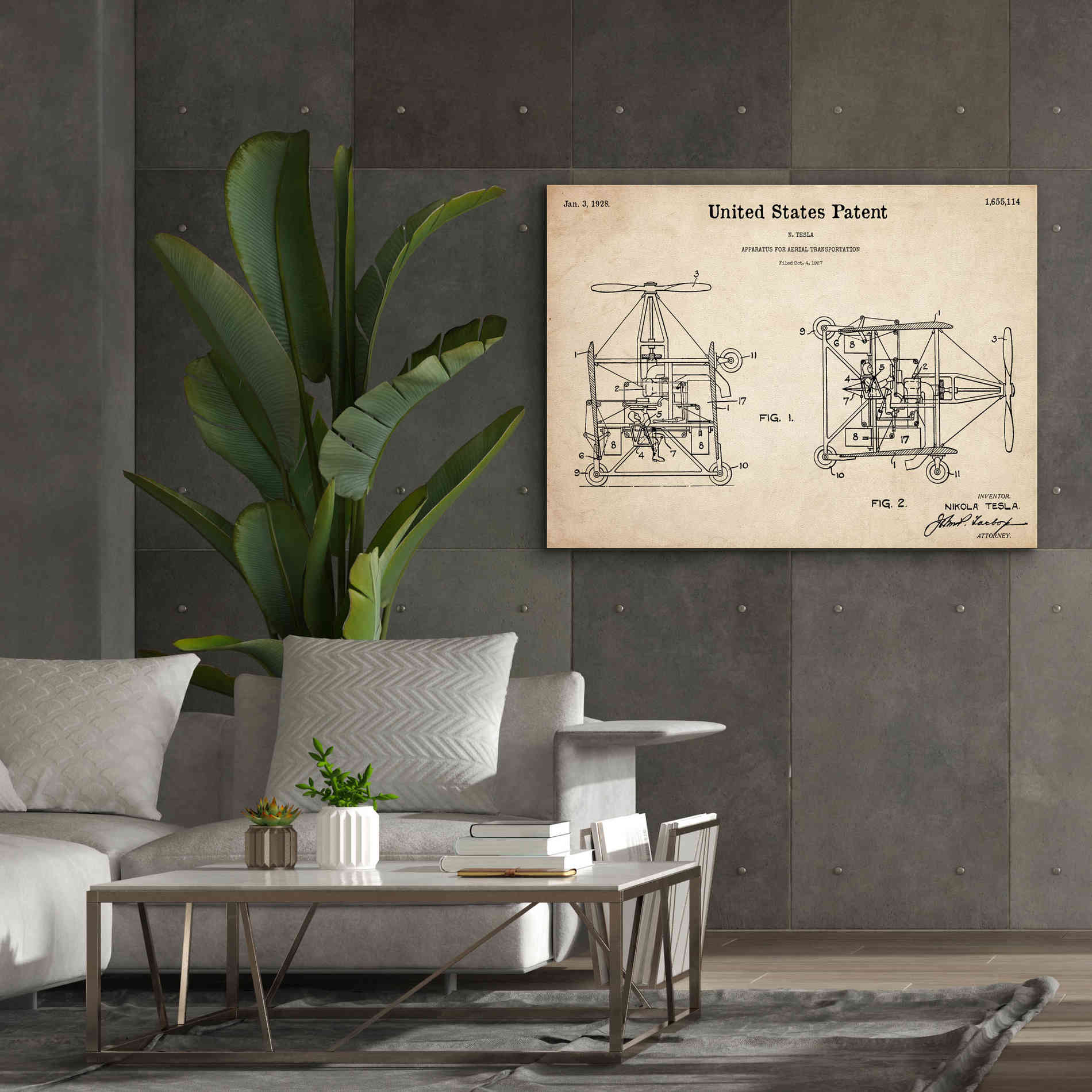 'Tesla Aerial Apparatus Blueprint Patent Parchment,' Canvas Wall Art,54 x 40