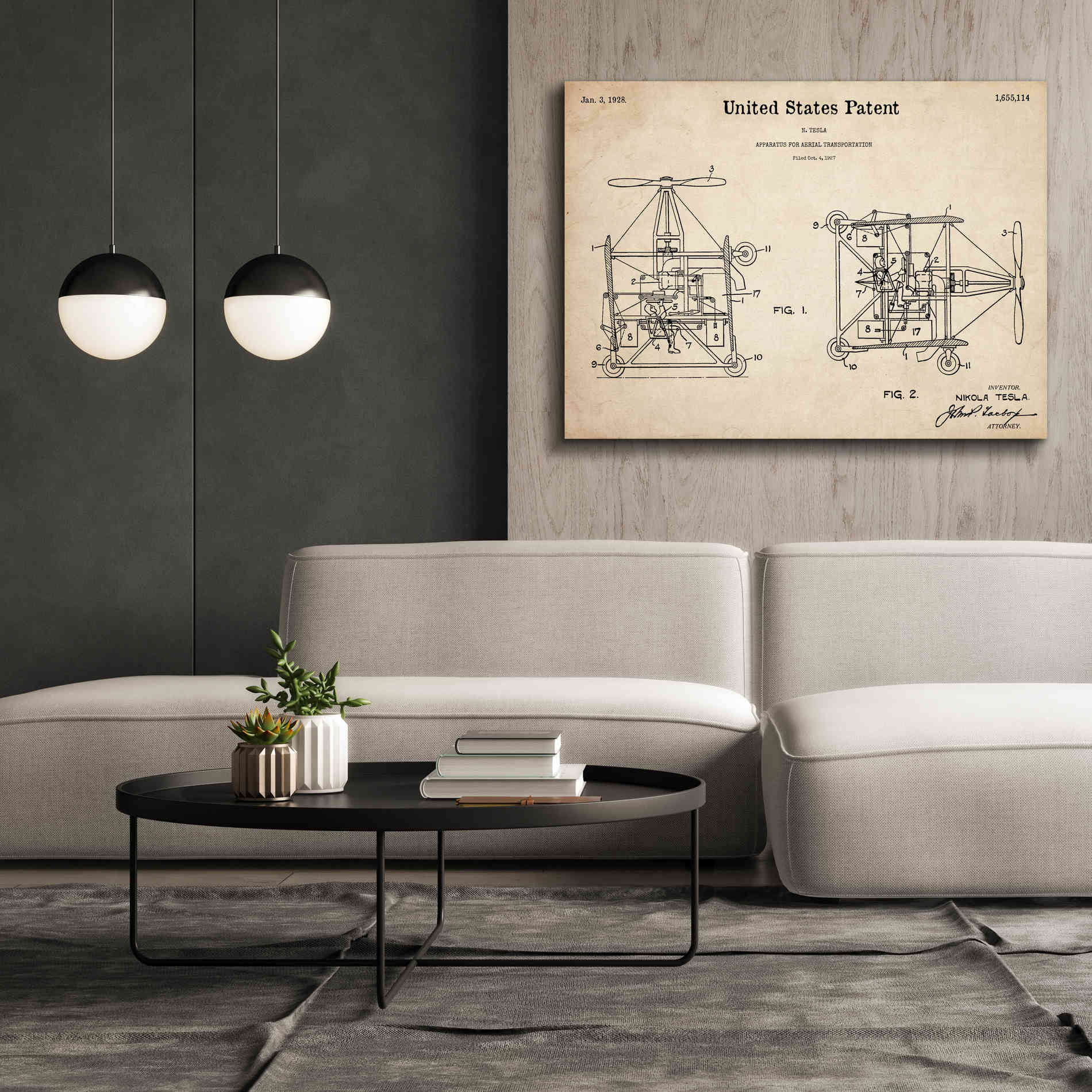 'Tesla Aerial Apparatus Blueprint Patent Parchment,' Canvas Wall Art,54 x 40
