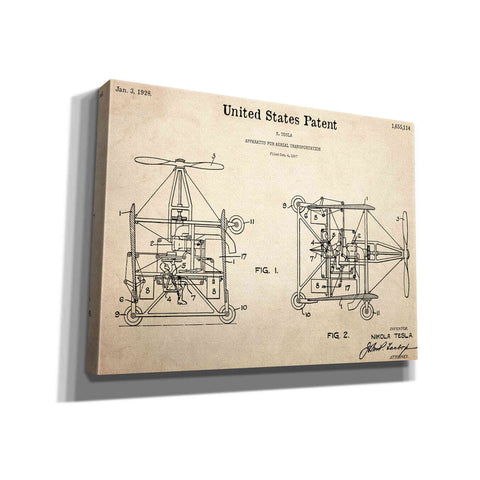 Image of 'Tesla Aerial Apparatus Blueprint Patent Parchment,' Canvas Wall Art,16x12x1.1x0,26x18x1.1x0,34x26x1.74x0,54x40x1.74x0