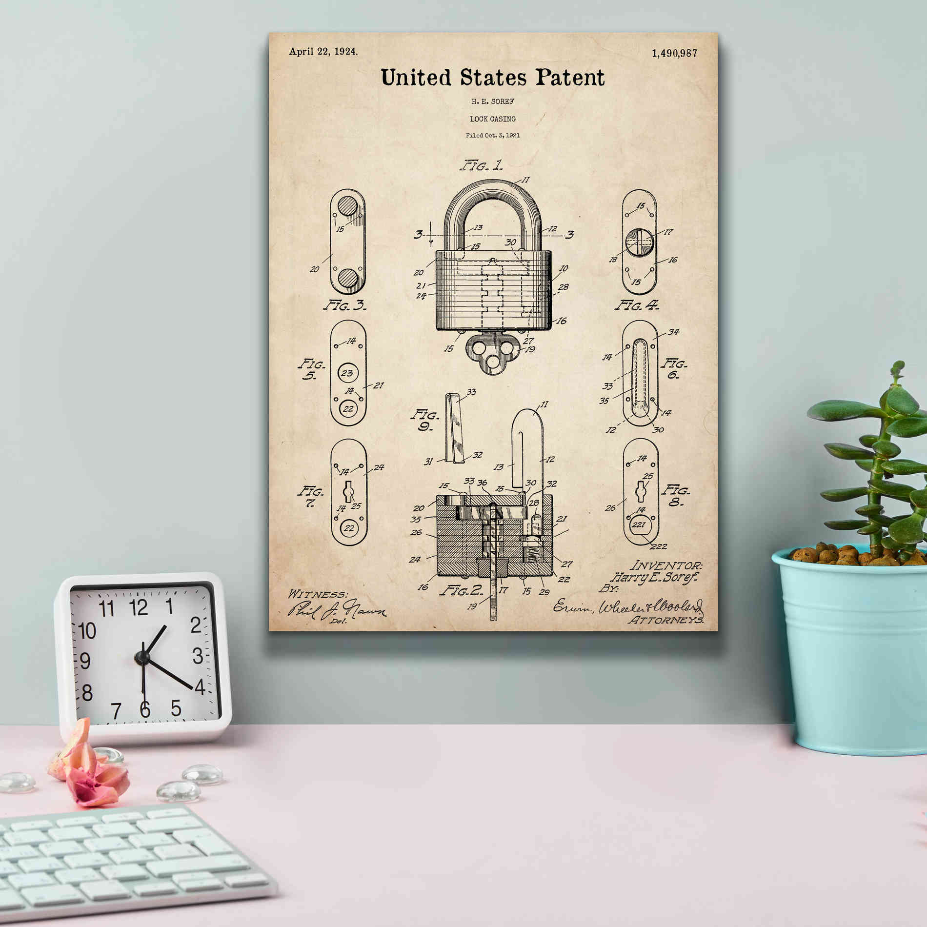 'Lock Blueprint Patent Parchment,' Canvas Wall Art,12 x 16