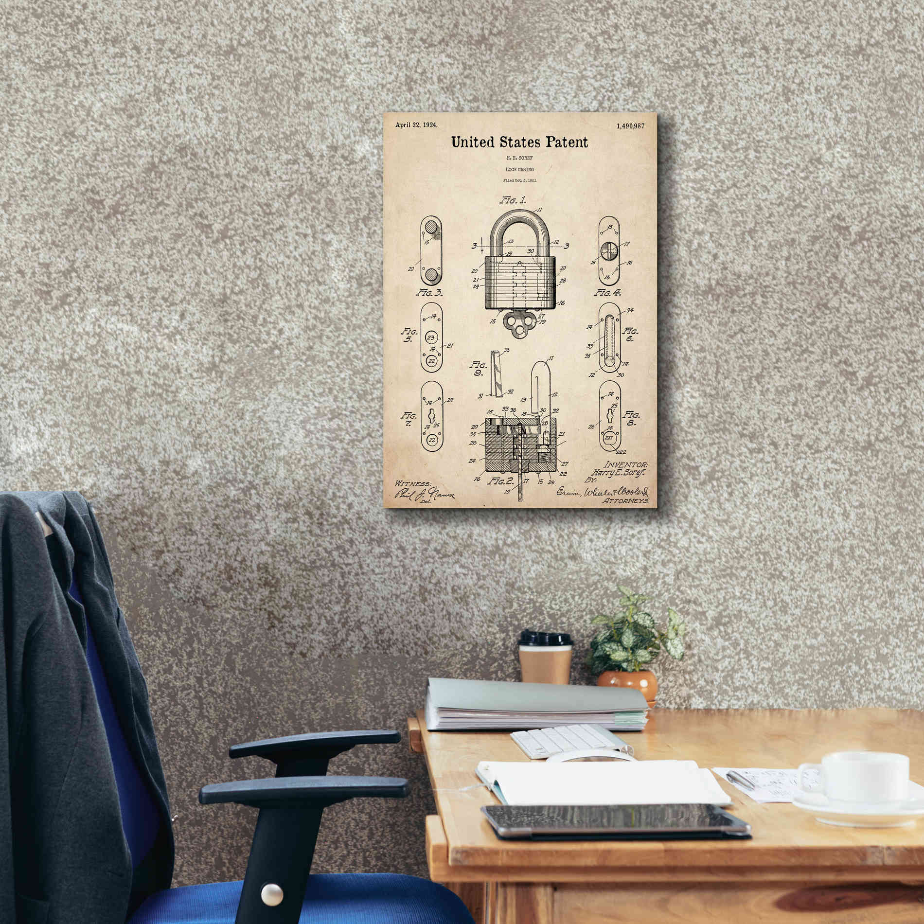 'Lock Blueprint Patent Parchment,' Canvas Wall Art,18 x 26