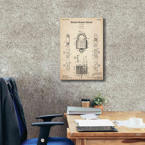 Image of 'Lock Blueprint Patent Parchment,' Canvas Wall Art,18 x 26