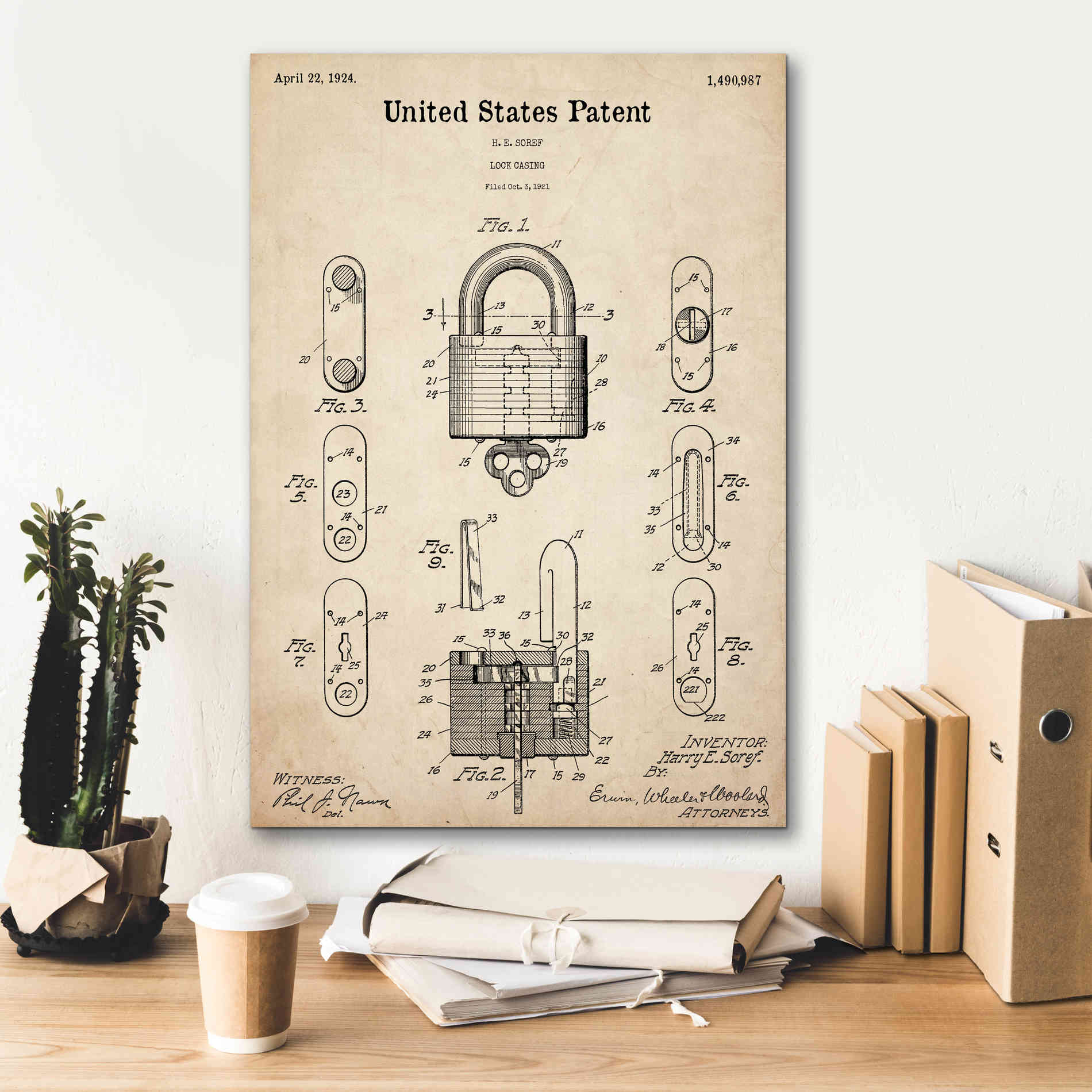 'Lock Blueprint Patent Parchment,' Canvas Wall Art,18 x 26
