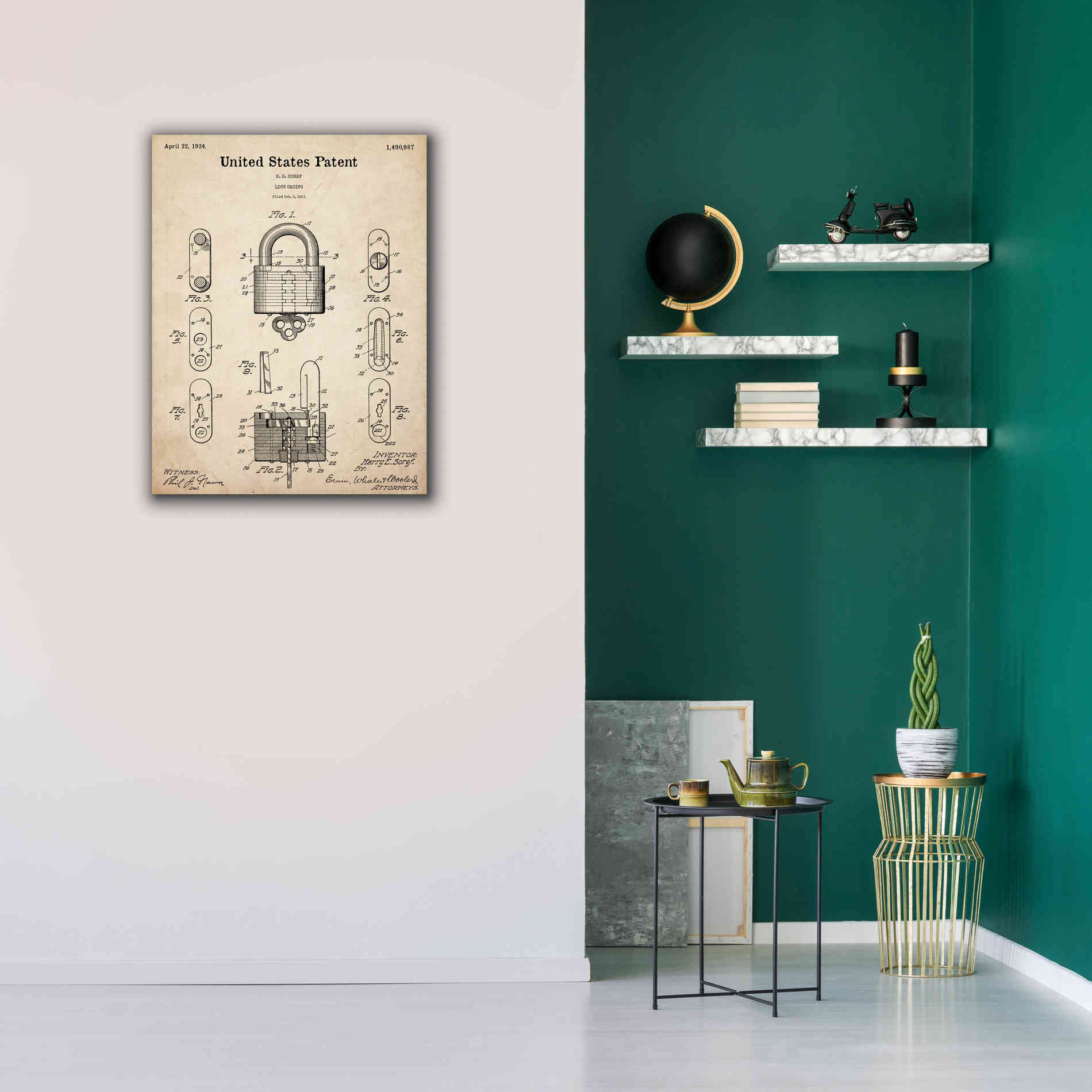 'Lock Blueprint Patent Parchment,' Canvas Wall Art,26 x 34