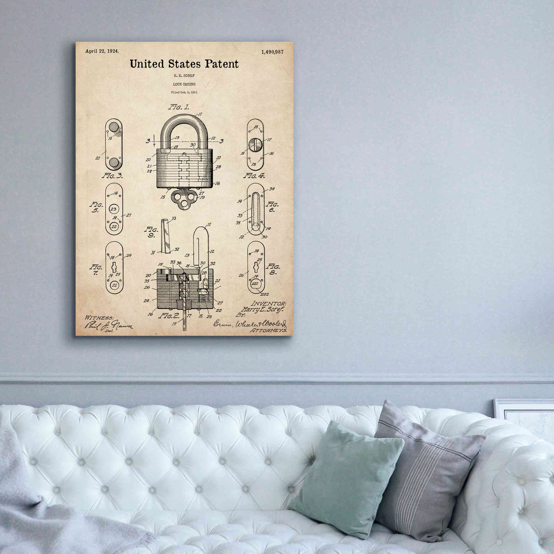 'Lock Blueprint Patent Parchment,' Canvas Wall Art,40 x 54