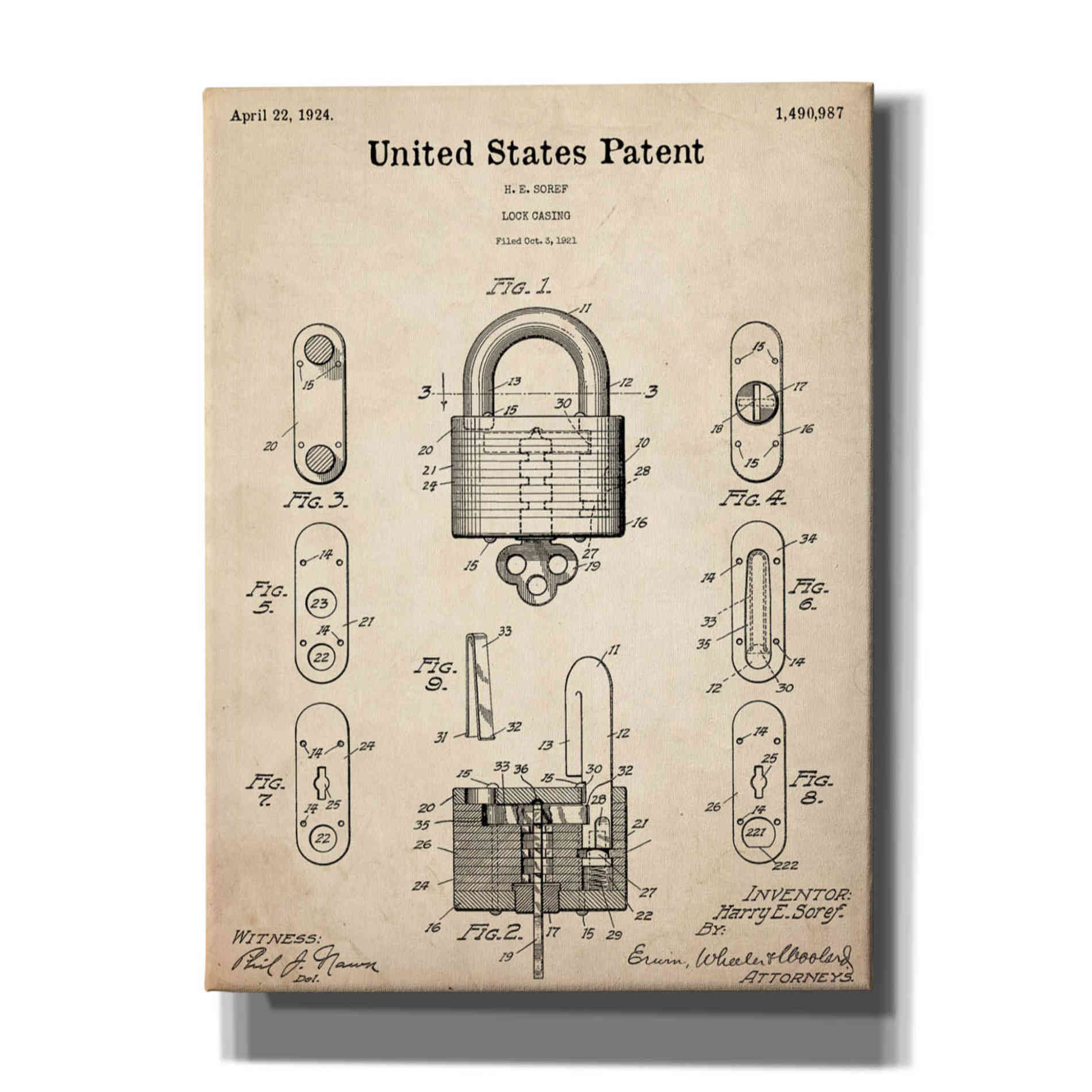 'Lock Blueprint Patent Parchment,' Canvas Wall Art,12x16x1.1x0,18x26x1.1x0,26x34x1.74x0,40x54x1.74x0