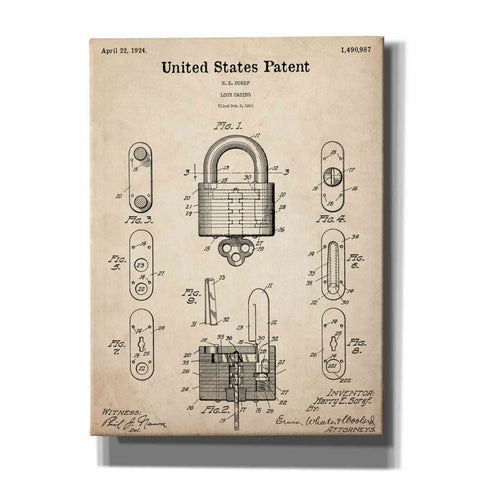 Image of 'Lock Blueprint Patent Parchment,' Canvas Wall Art,12x16x1.1x0,18x26x1.1x0,26x34x1.74x0,40x54x1.74x0