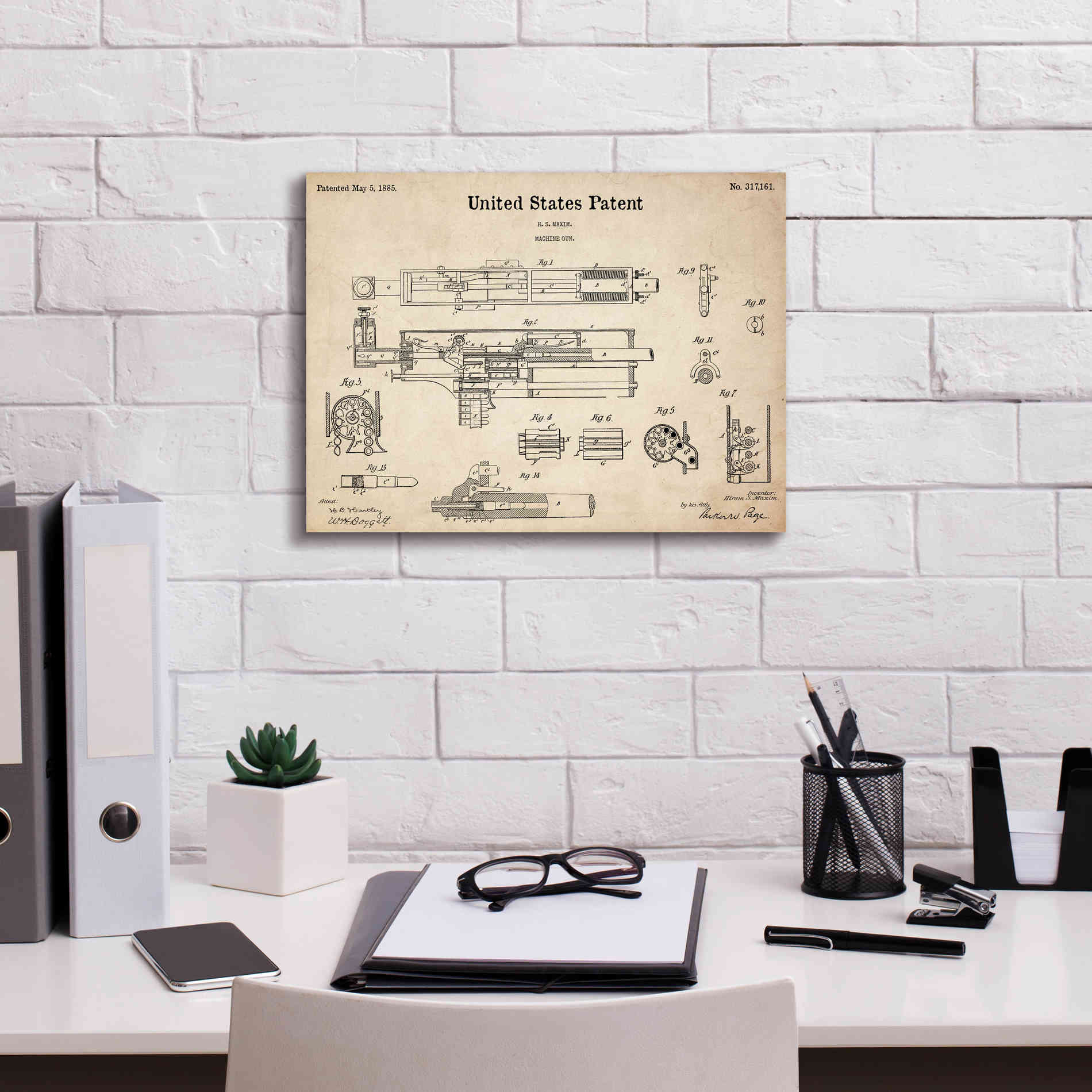 'Machine Gun Blueprint Patent Parchment,' Canvas Wall Art,16 x 12