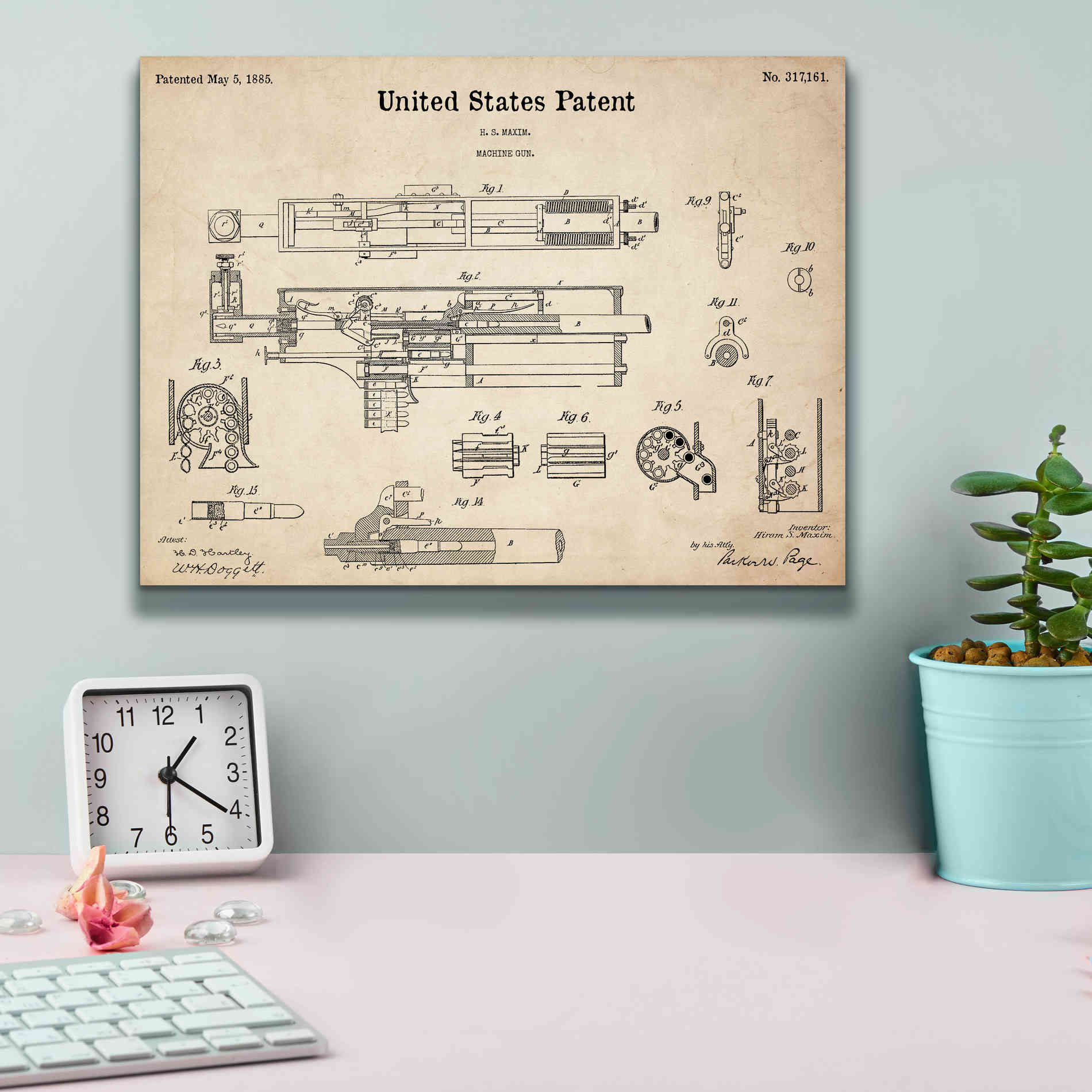 'Machine Gun Blueprint Patent Parchment,' Canvas Wall Art,16 x 12