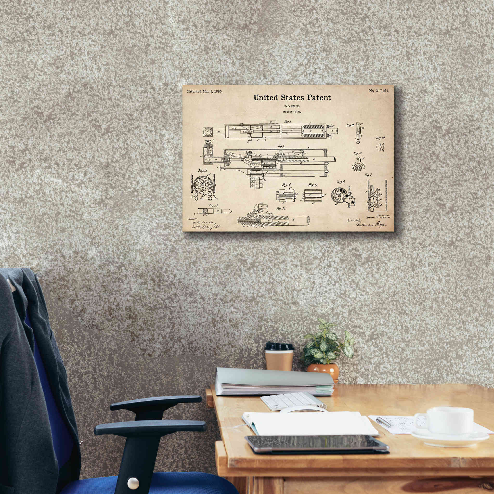 'Machine Gun Blueprint Patent Parchment,' Canvas Wall Art,26 x 18