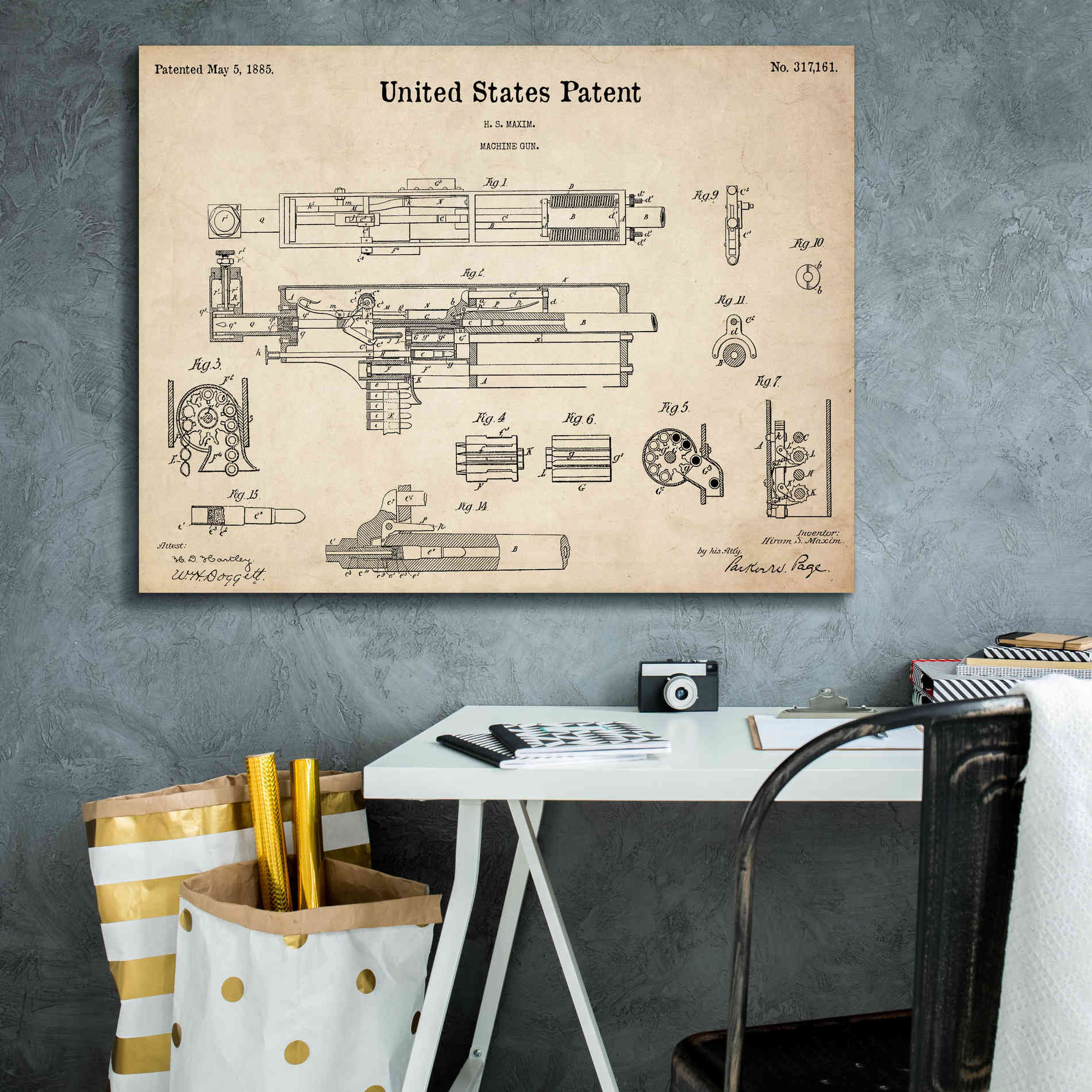 'Machine Gun Blueprint Patent Parchment,' Canvas Wall Art,34 x 26