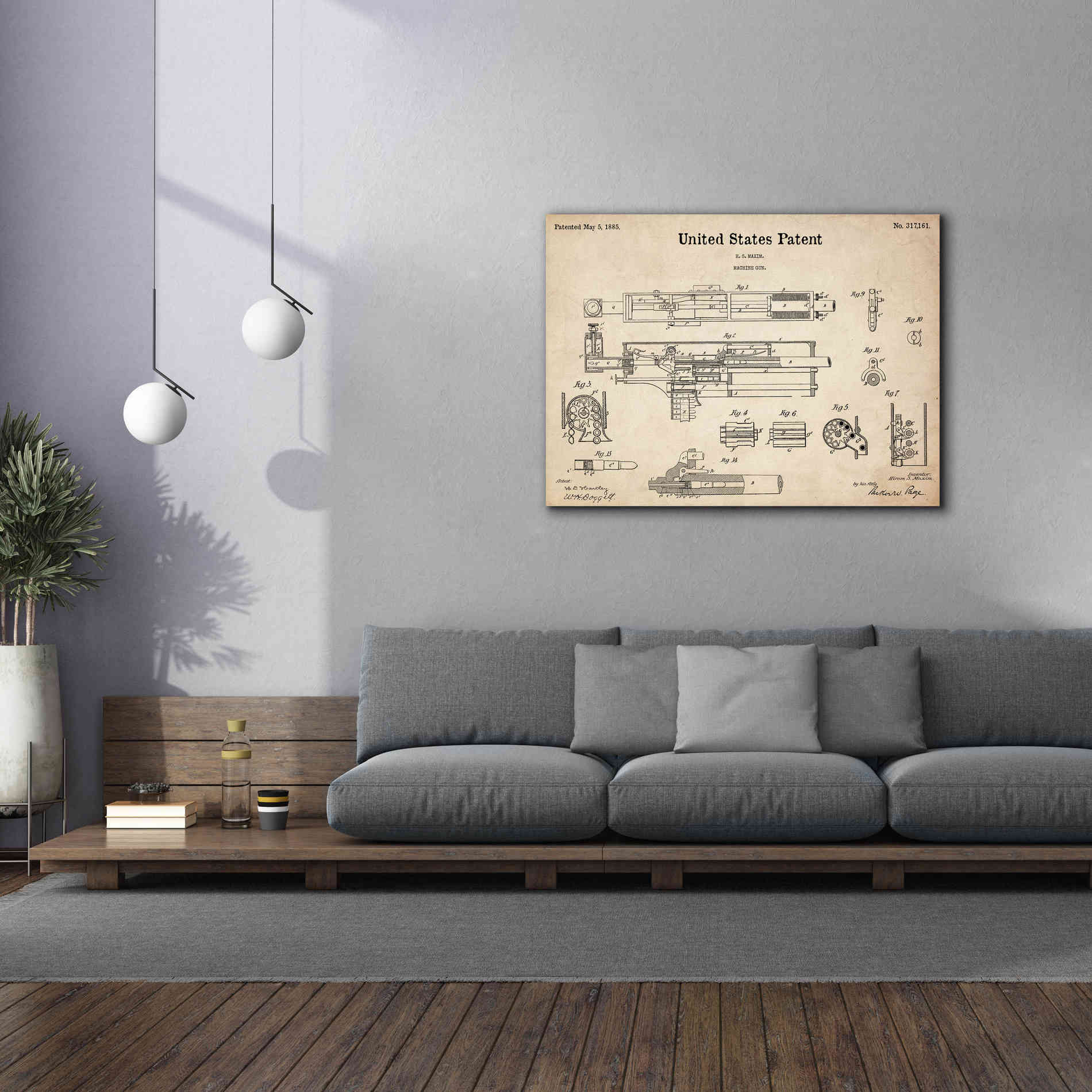 'Machine Gun Blueprint Patent Parchment,' Canvas Wall Art,54 x 40
