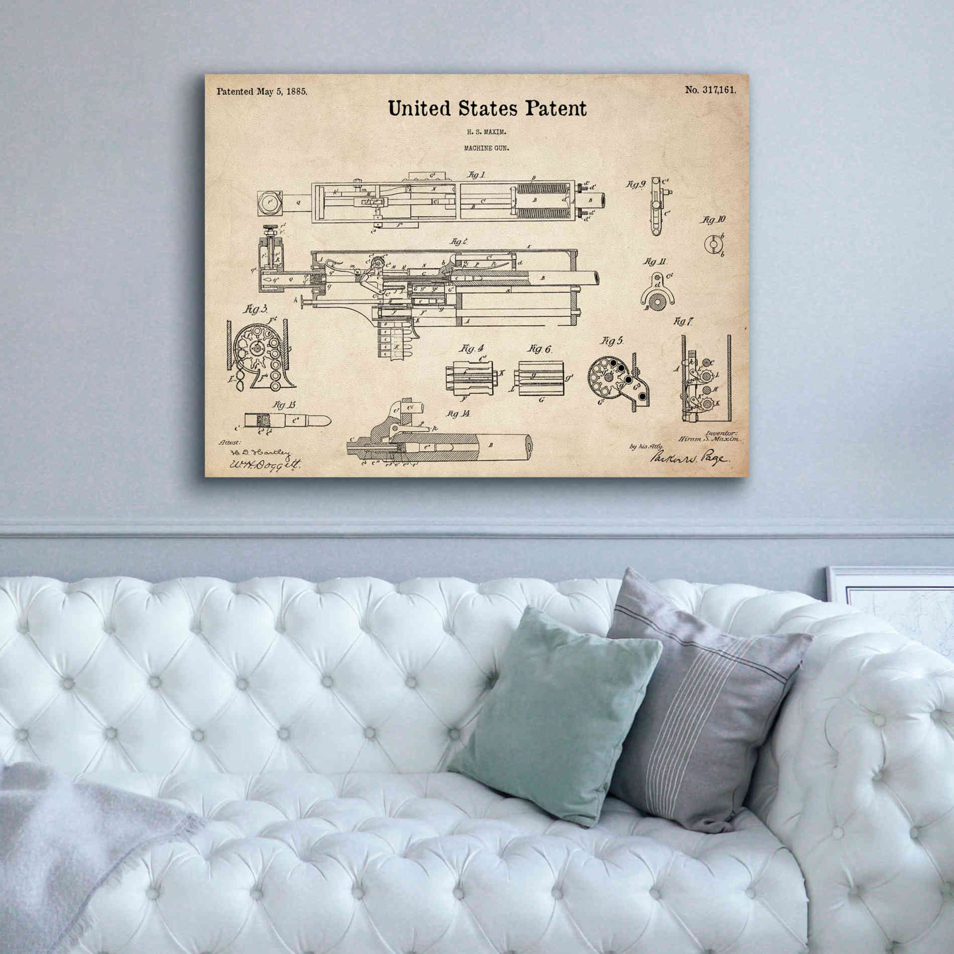 'Machine Gun Blueprint Patent Parchment,' Canvas Wall Art,54 x 40