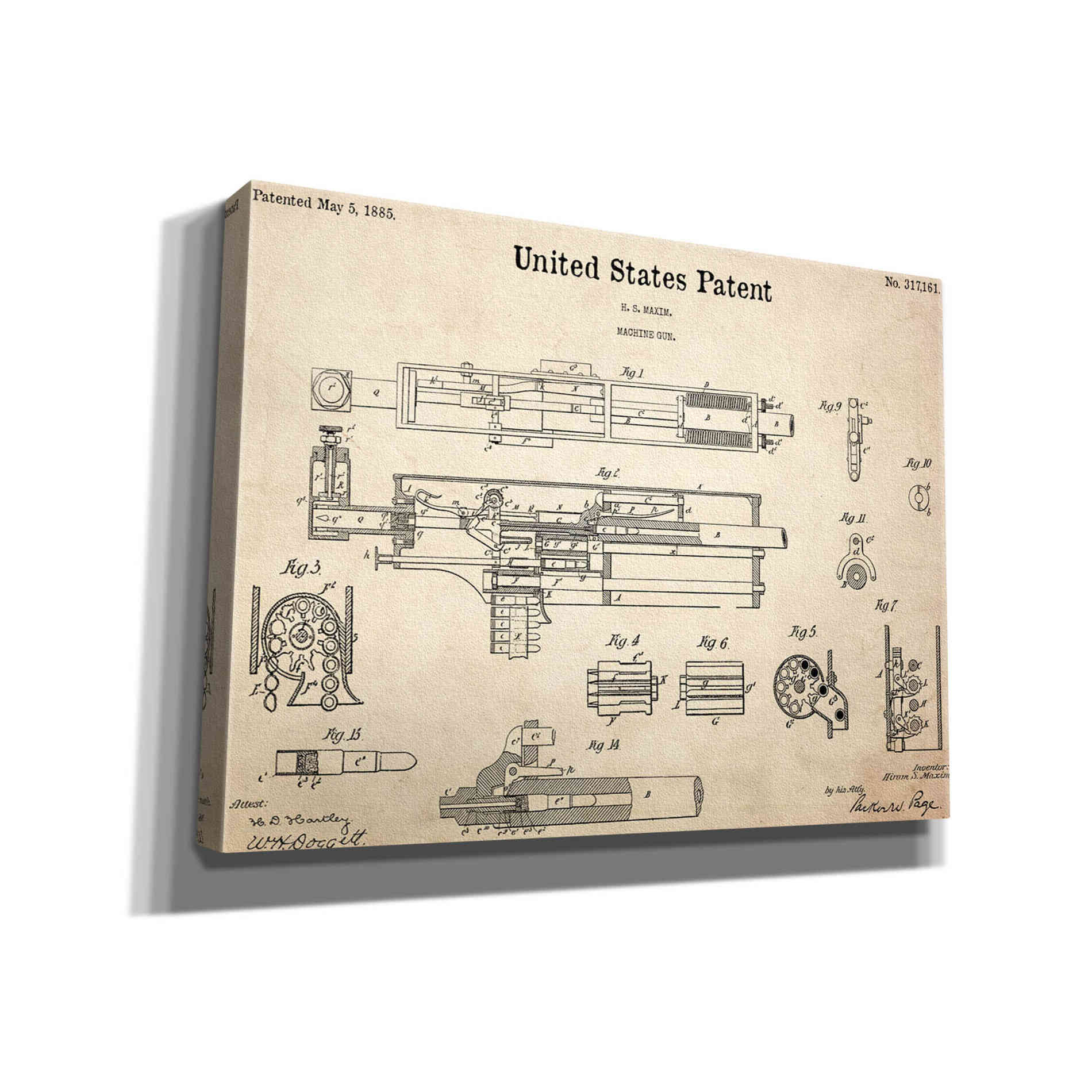 'Machine Gun Blueprint Patent Parchment,' Canvas Wall Art,16x12x1.1x0,26x18x1.1x0,34x26x1.74x0,54x40x1.74x0