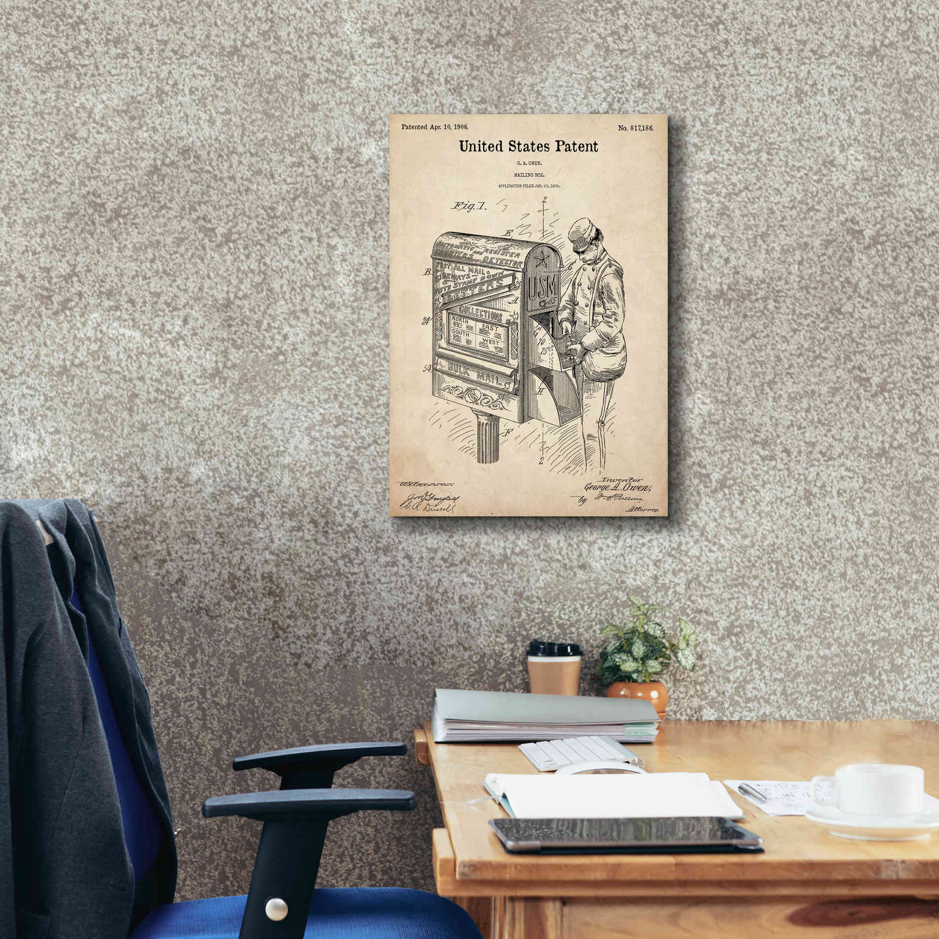 'Mailbox Blueprint Patent Parchment,' Canvas Wall Art,18 x 26