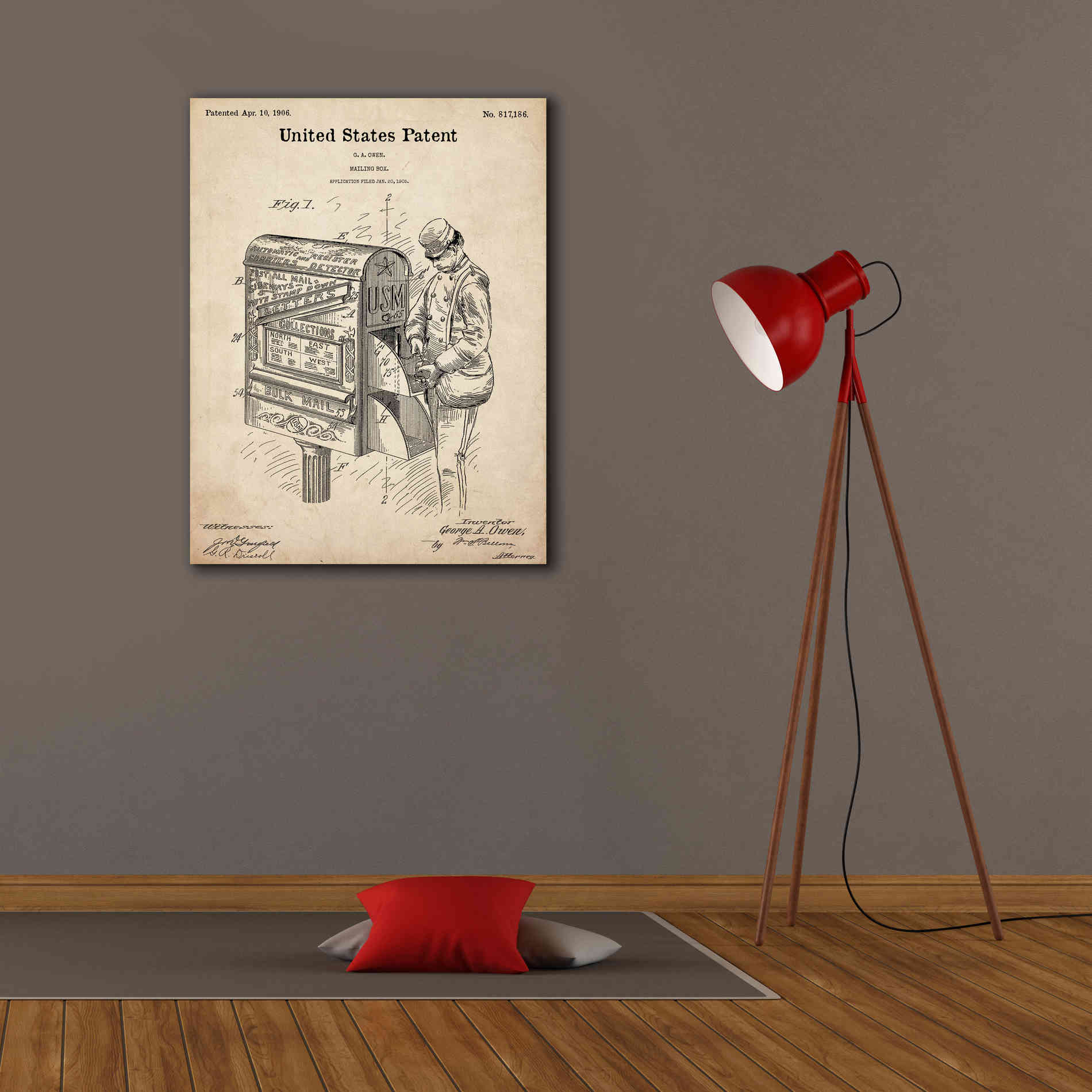 'Mailbox Blueprint Patent Parchment,' Canvas Wall Art,26 x 34
