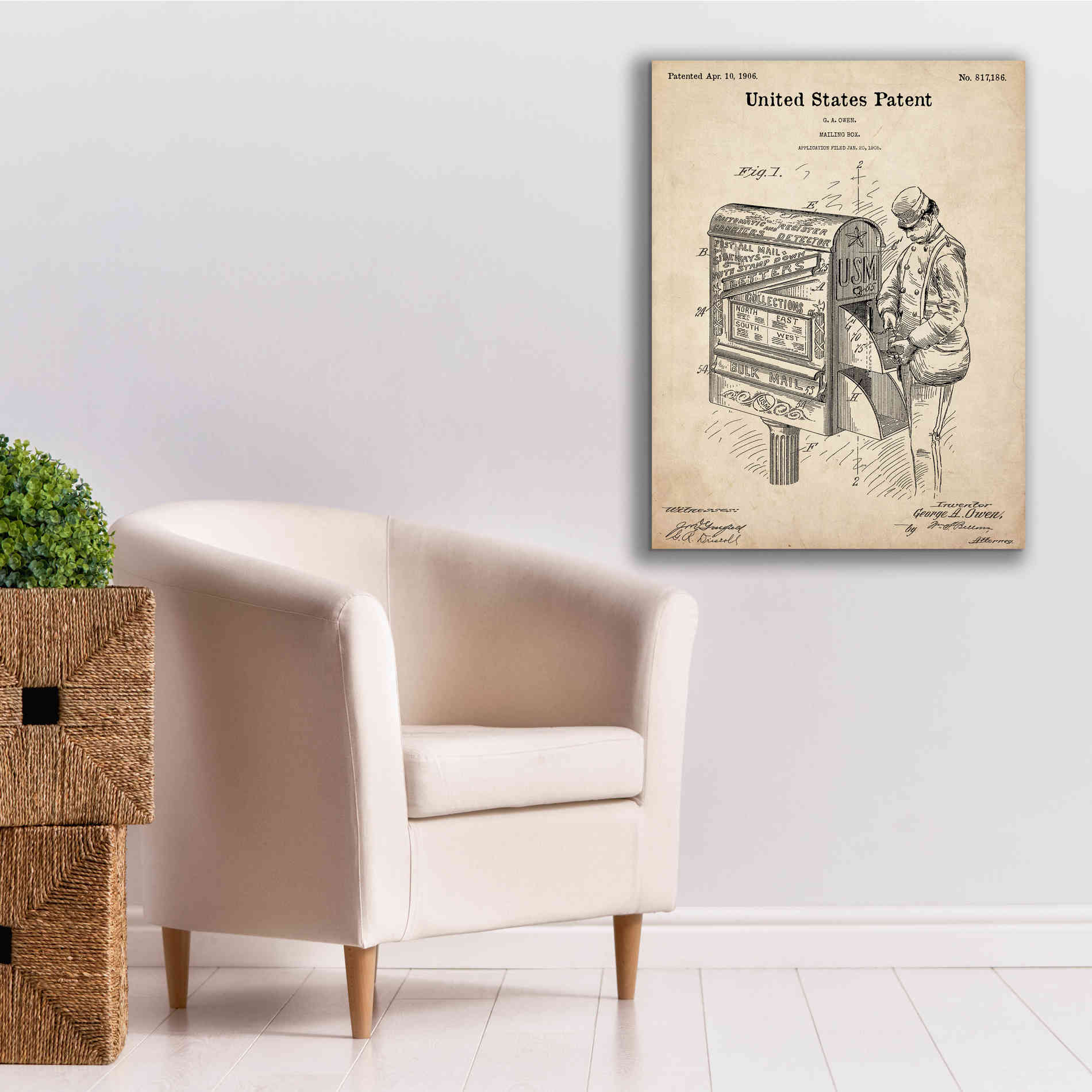 'Mailbox Blueprint Patent Parchment,' Canvas Wall Art,26 x 34
