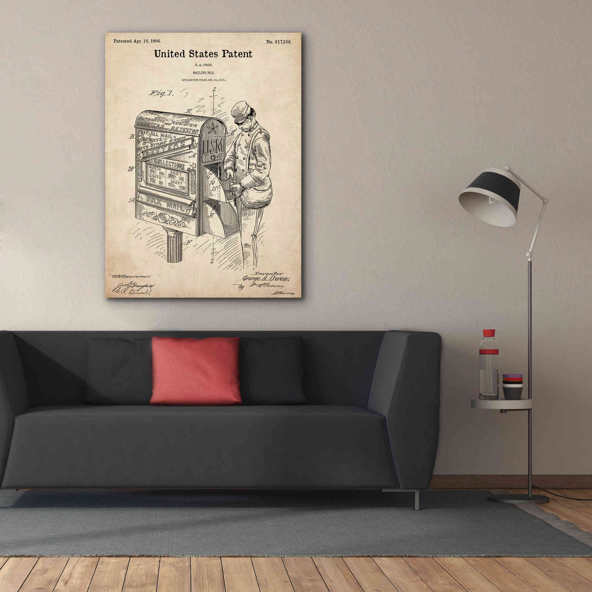 'Mailbox Blueprint Patent Parchment,' Canvas Wall Art,40 x 54