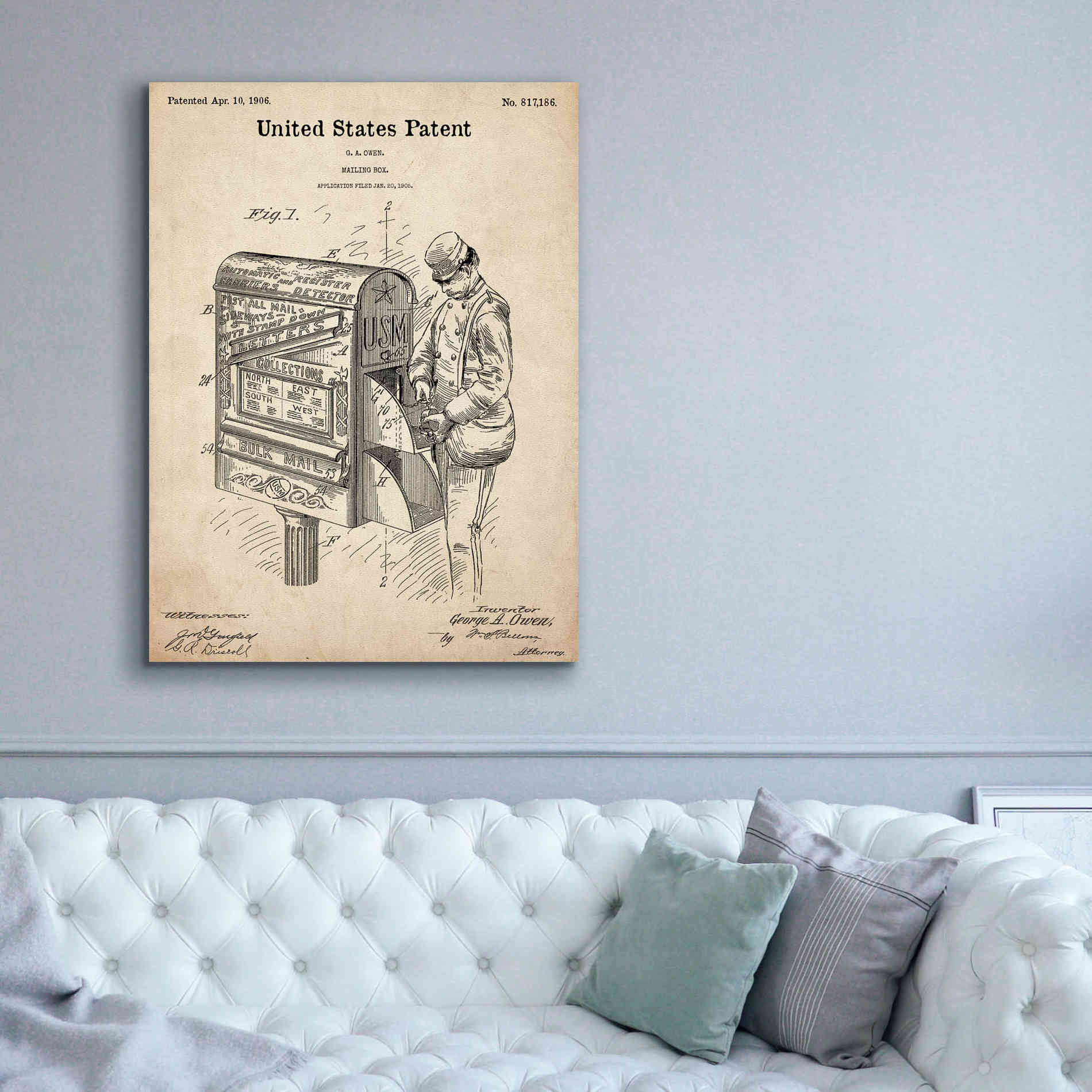 'Mailbox Blueprint Patent Parchment,' Canvas Wall Art,40 x 54
