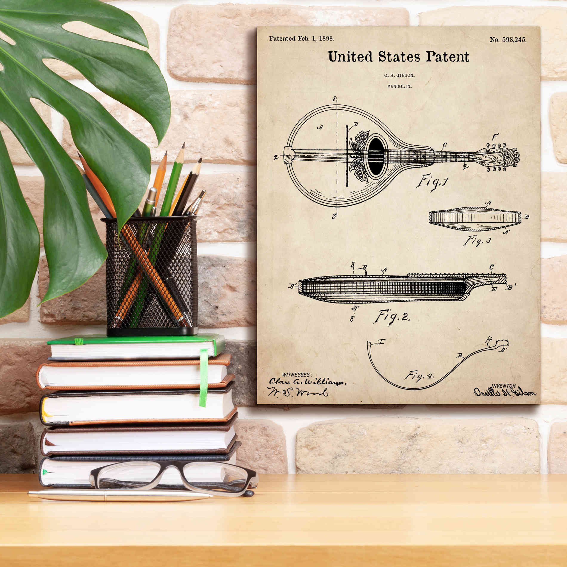 'Mandolin Blueprint Patent Parchment,' Canvas Wall Art,12 x 16