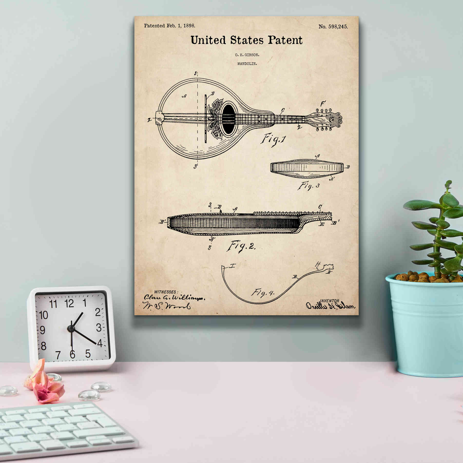 'Mandolin Blueprint Patent Parchment,' Canvas Wall Art,12 x 16