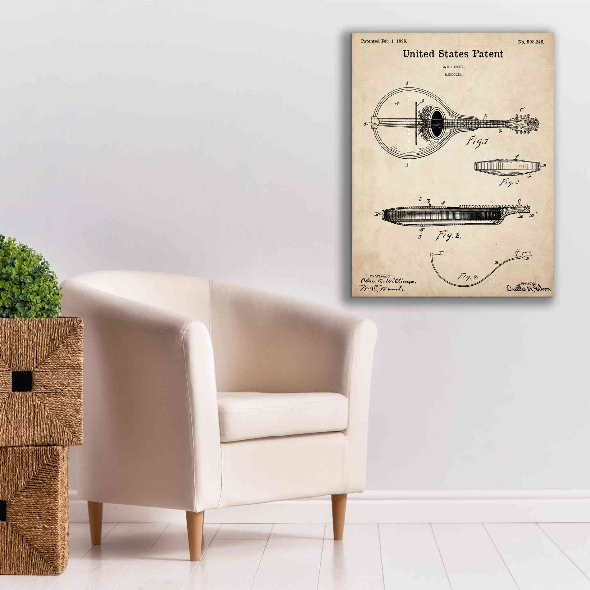 'Mandolin Blueprint Patent Parchment,' Canvas Wall Art,26 x 34