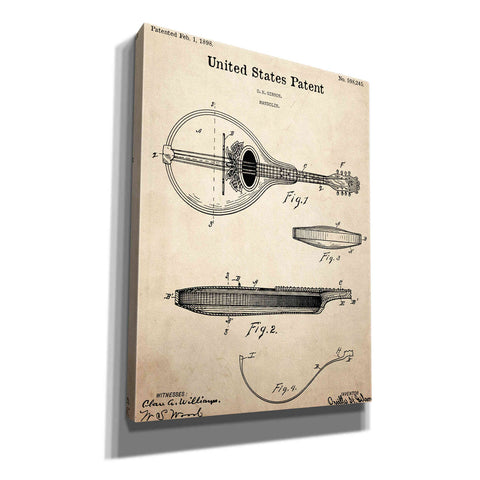 Image of 'Mandolin Blueprint Patent Parchment,' Canvas Wall Art,12x16x1.1x0,18x26x1.1x0,26x34x1.74x0,40x54x1.74x0