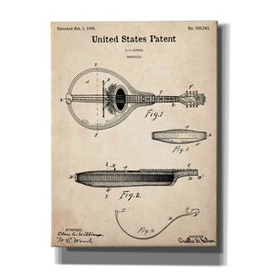 'Mandolin Blueprint Patent Parchment,' Canvas Wall Art,12x16x1.1x0,18x26x1.1x0,26x34x1.74x0,40x54x1.74x0