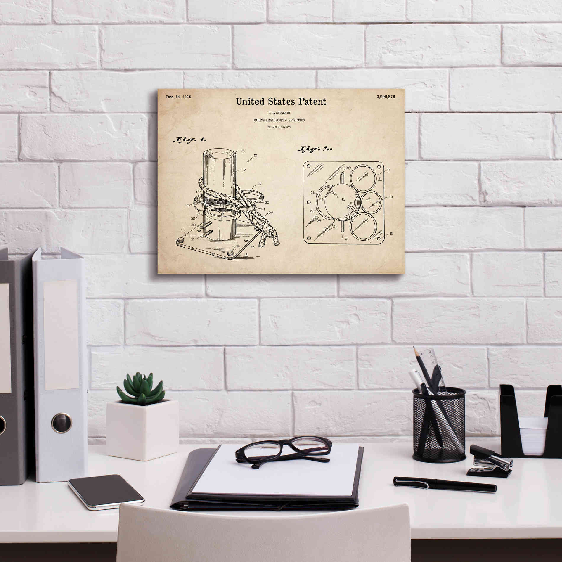 'Marine Line Secure Device Blueprint Patent Parchment,' Canvas Wall Art,16 x 12