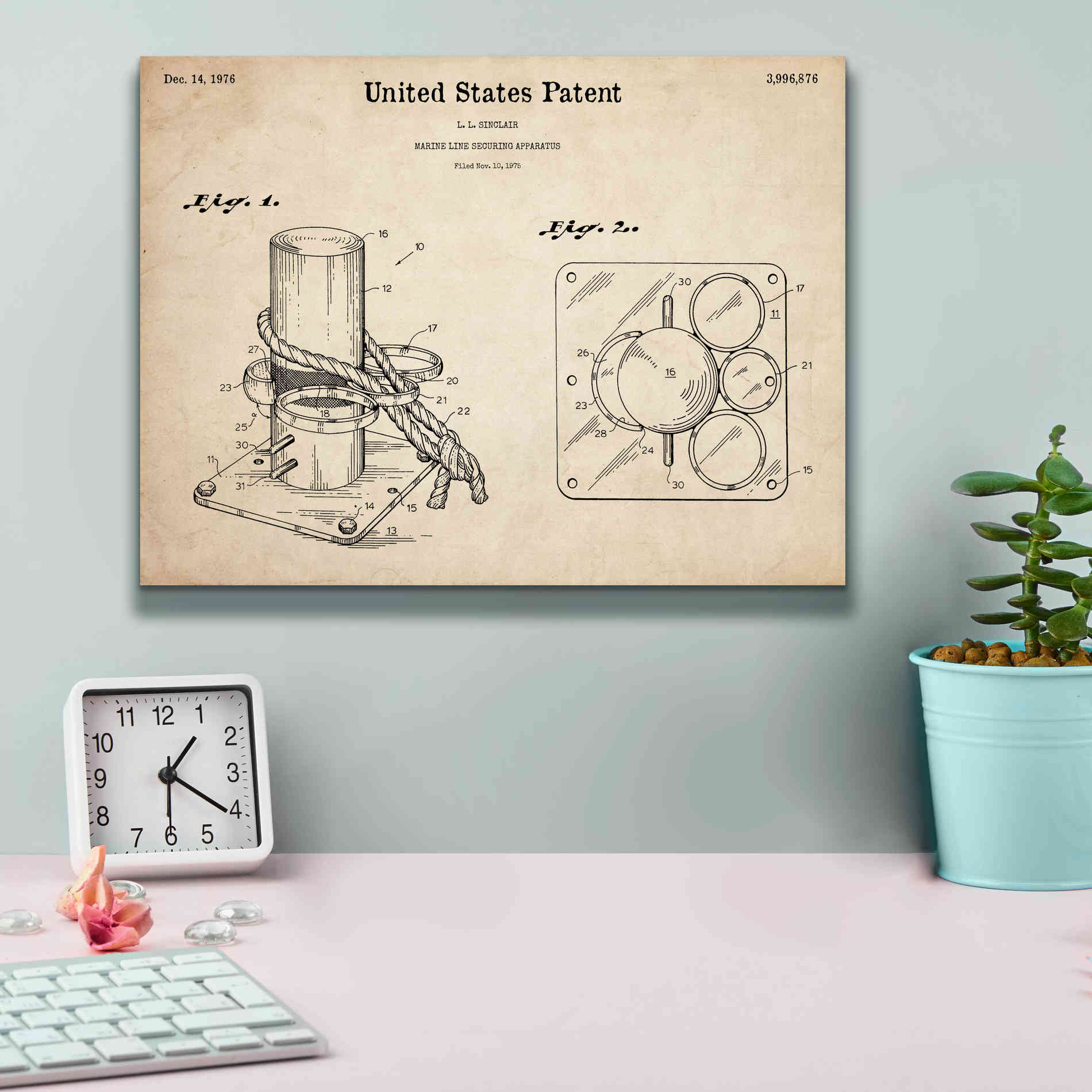 'Marine Line Secure Device Blueprint Patent Parchment,' Canvas Wall Art,16 x 12