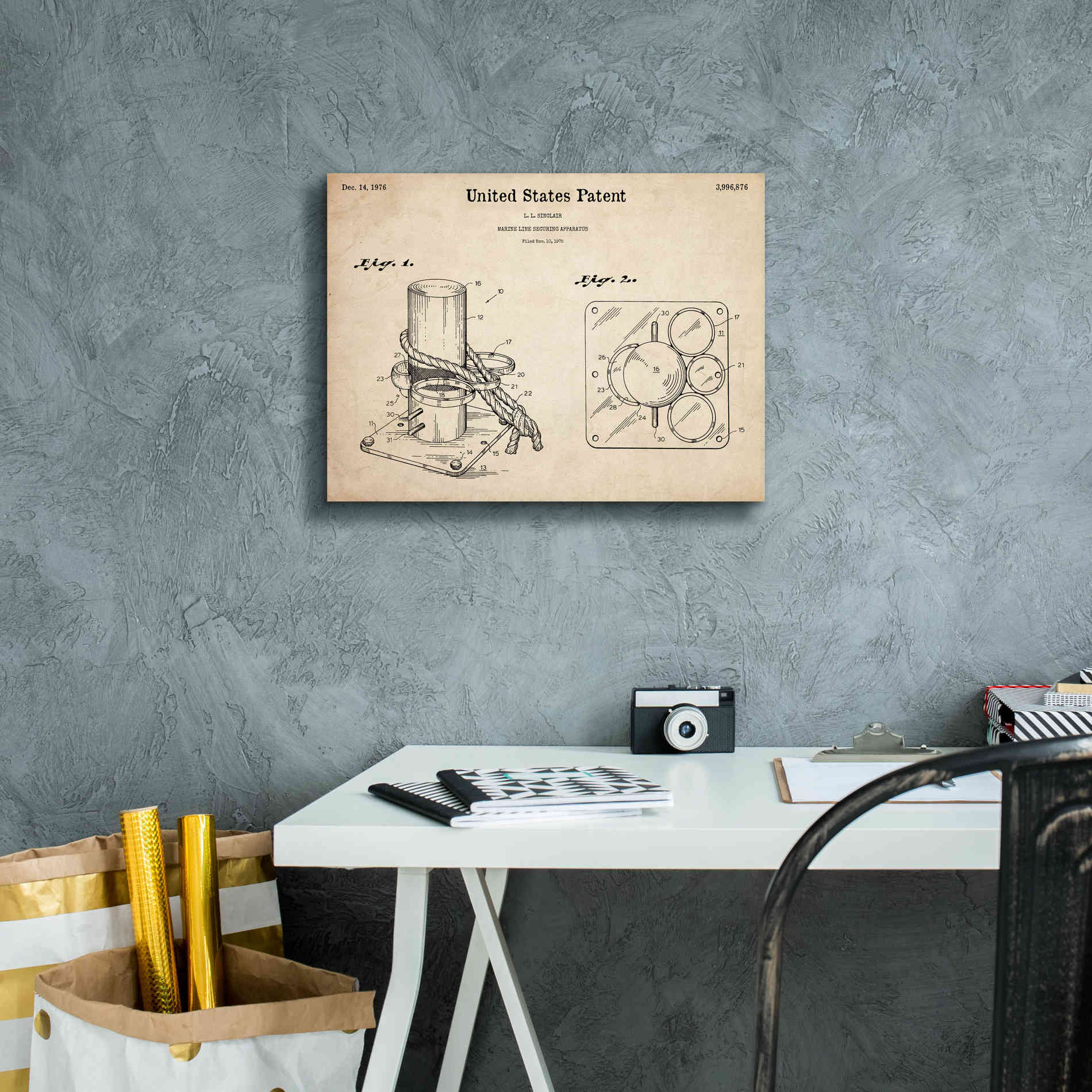 'Marine Line Secure Device Blueprint Patent Parchment,' Canvas Wall Art,16 x 12