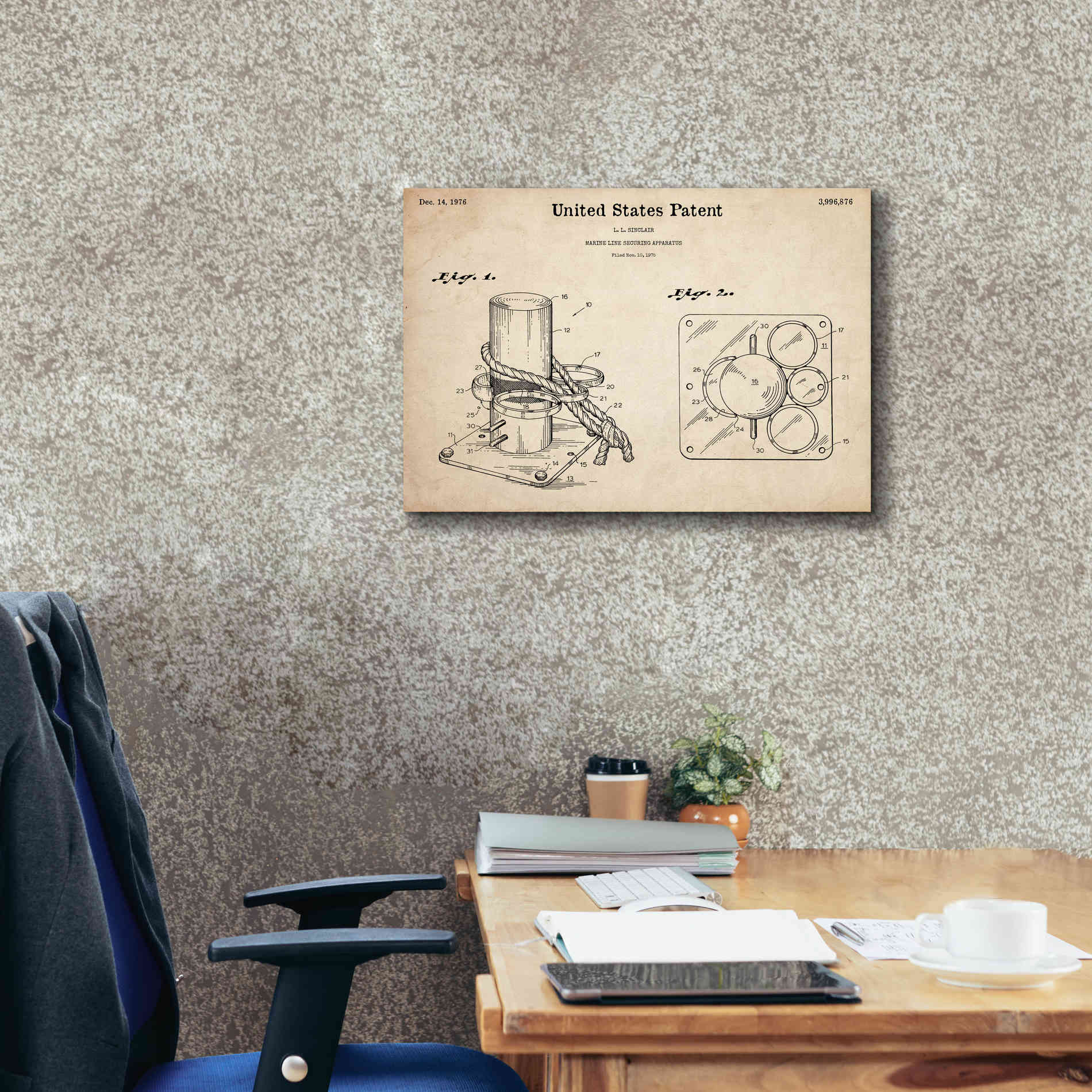 'Marine Line Secure Device Blueprint Patent Parchment,' Canvas Wall Art,26 x 18