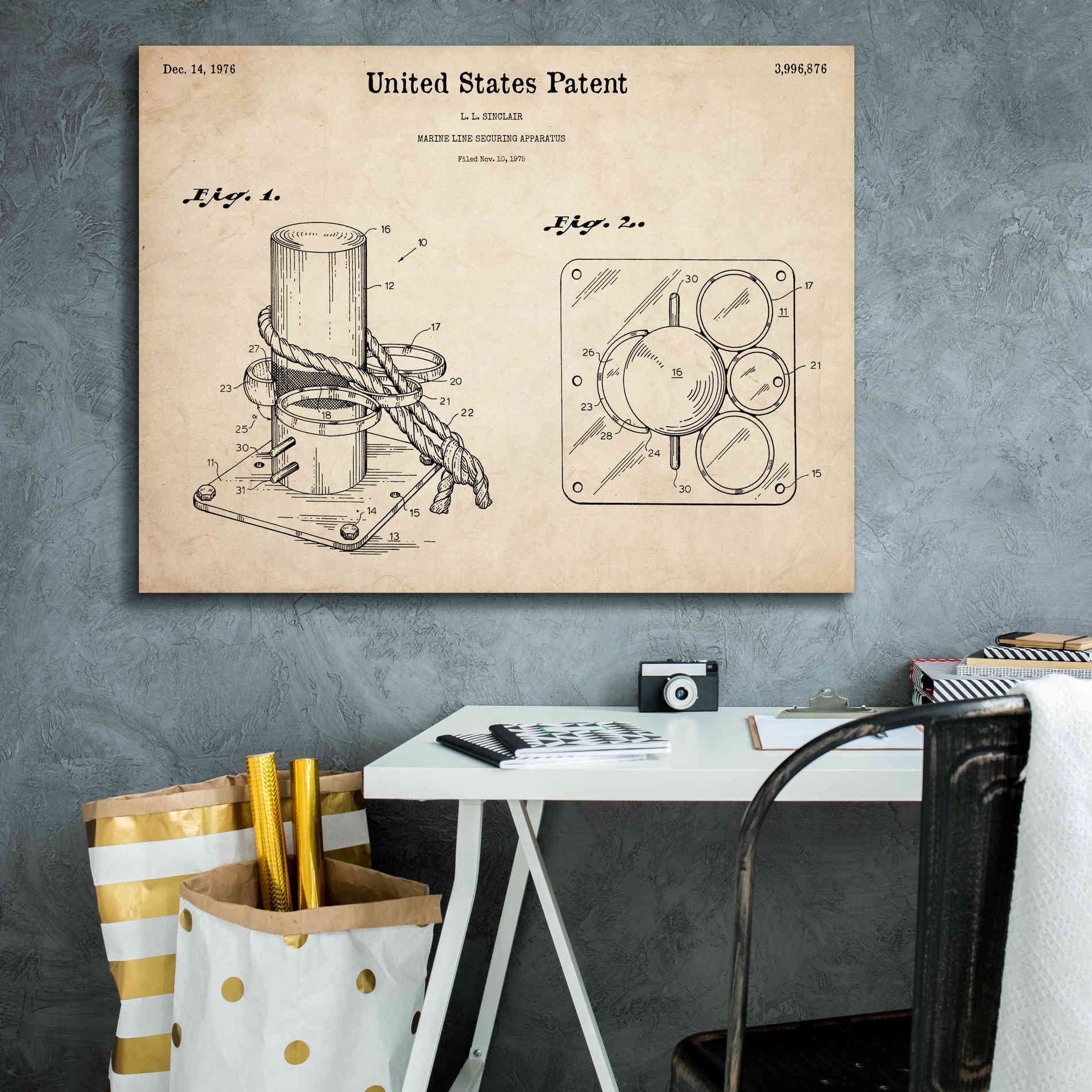 'Marine Line Secure Device Blueprint Patent Parchment,' Canvas Wall Art,34 x 26