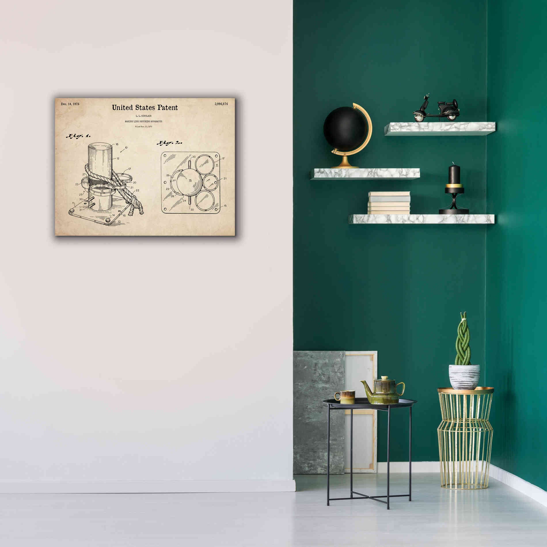 'Marine Line Secure Device Blueprint Patent Parchment,' Canvas Wall Art,34 x 26