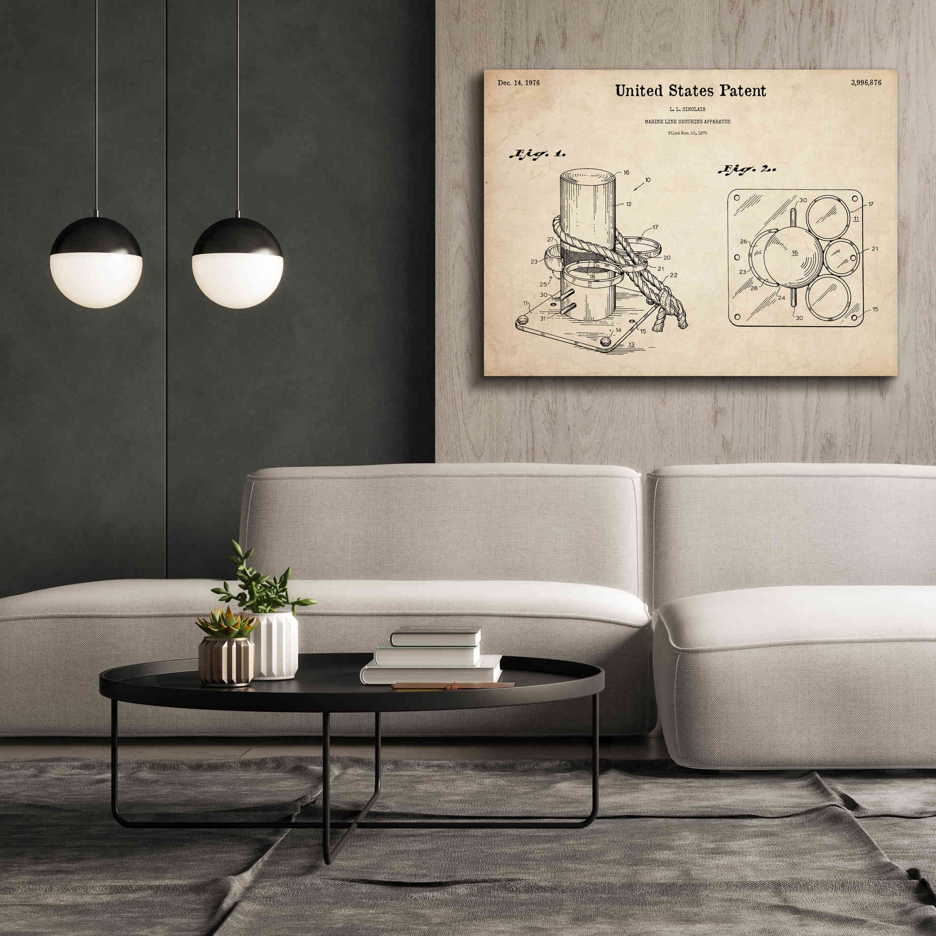 'Marine Line Secure Device Blueprint Patent Parchment,' Canvas Wall Art,54 x 40