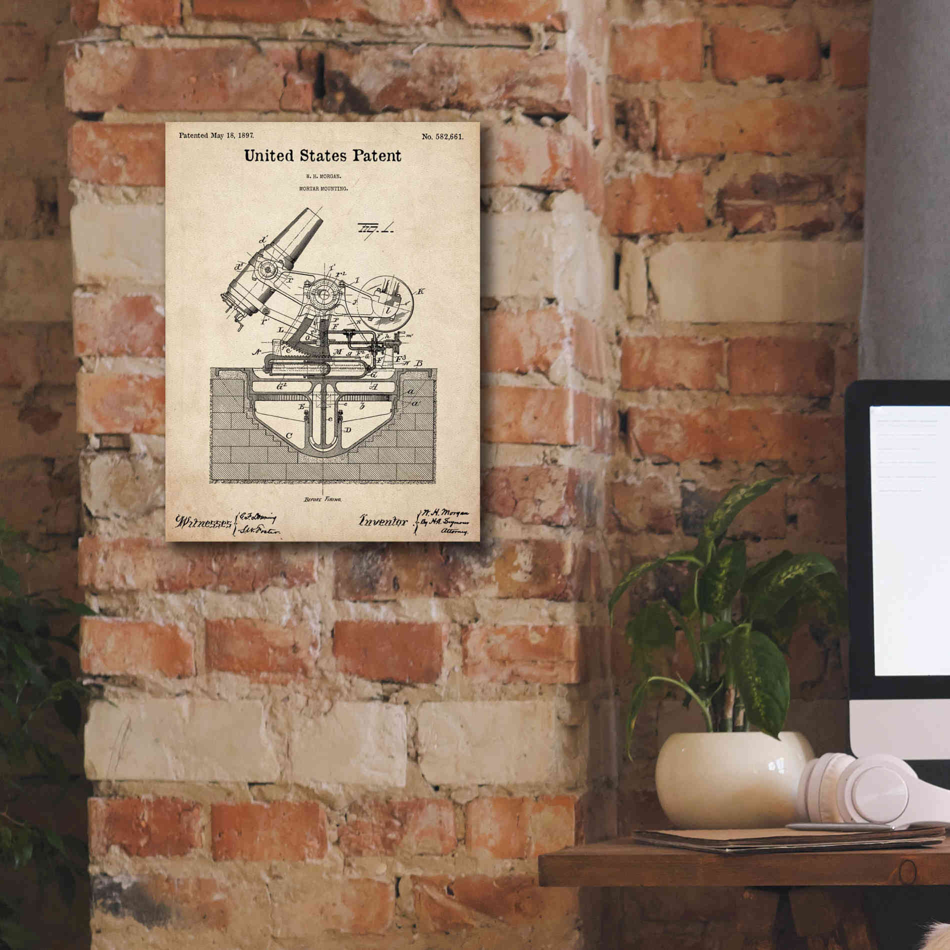 'Mortar Mounting Blueprint Patent Parchment,' Canvas Wall Art,12 x 16