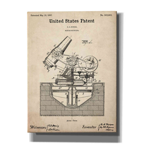 Image of 'Mortar Mounting Blueprint Patent Parchment,' Canvas Wall Art,12x16x1.1x0,18x26x1.1x0,26x34x1.74x0,40x54x1.74x0
