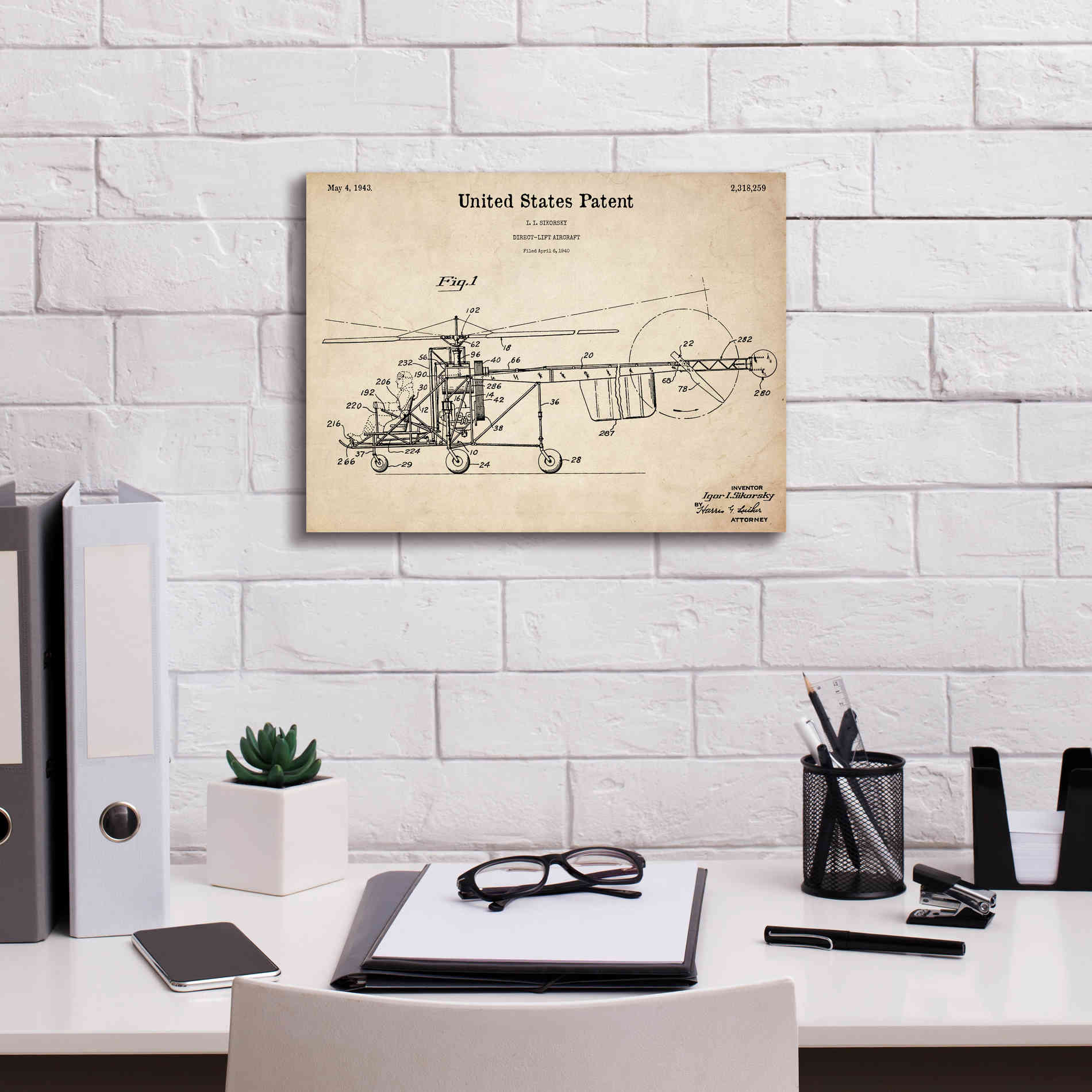 'Direct-Lift Aircraft Blueprint Patent Parchment,' Canvas Wall Art,16 x 12