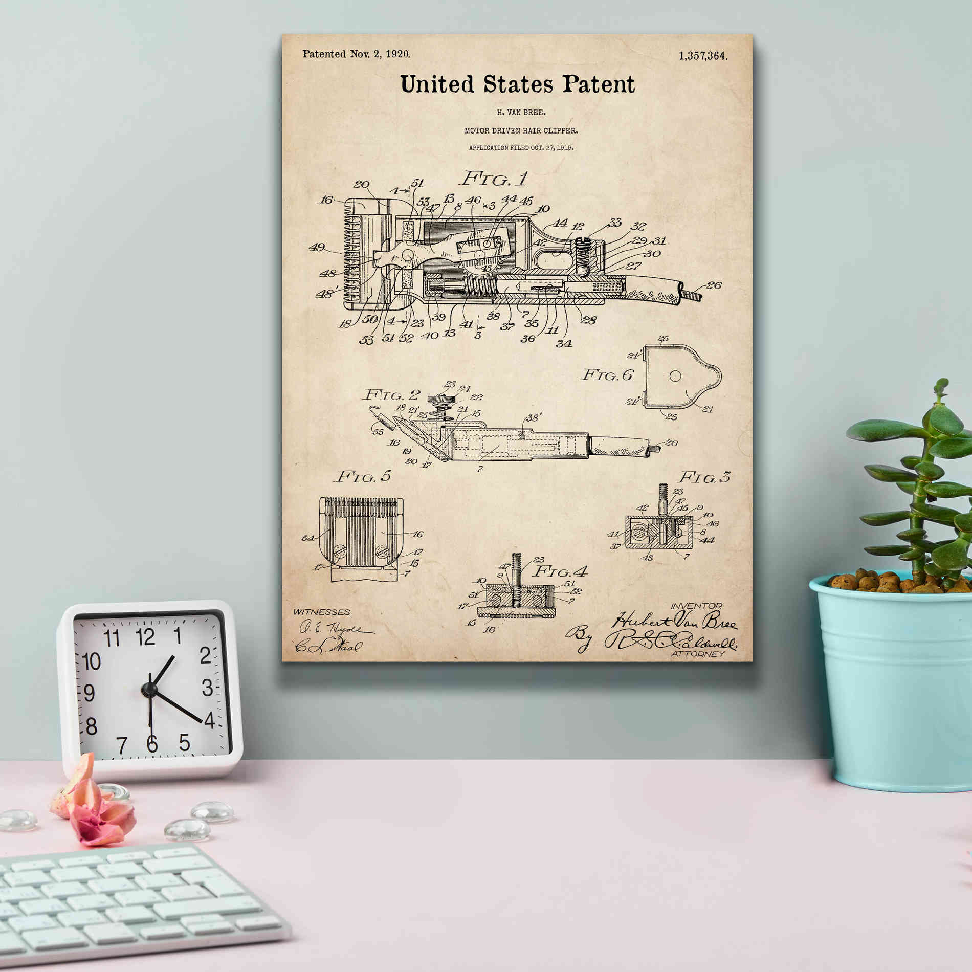 'Motor Hair Clipper Blueprint Patent Parchment,' Canvas Wall Art,12 x 16
