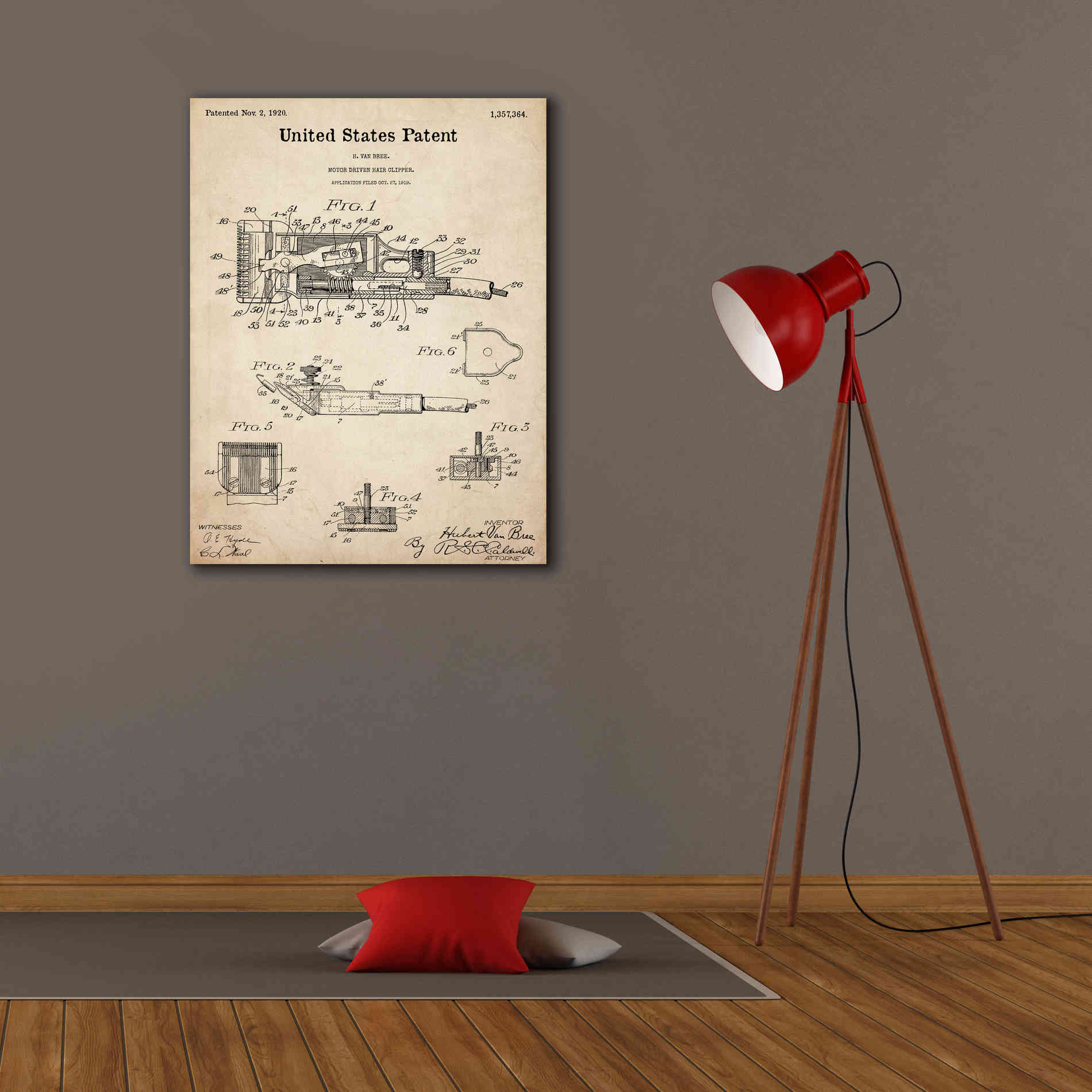 'Motor Hair Clipper Blueprint Patent Parchment,' Canvas Wall Art,26 x 34