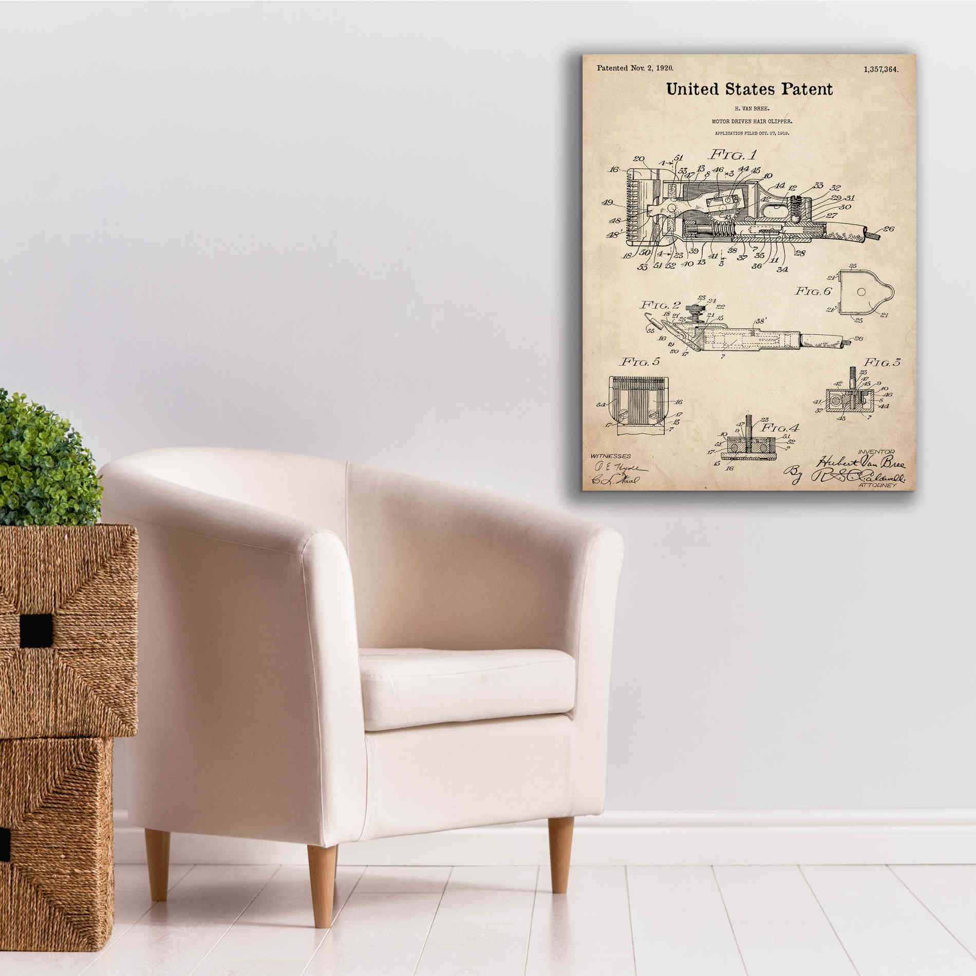 'Motor Hair Clipper Blueprint Patent Parchment,' Canvas Wall Art,26 x 34