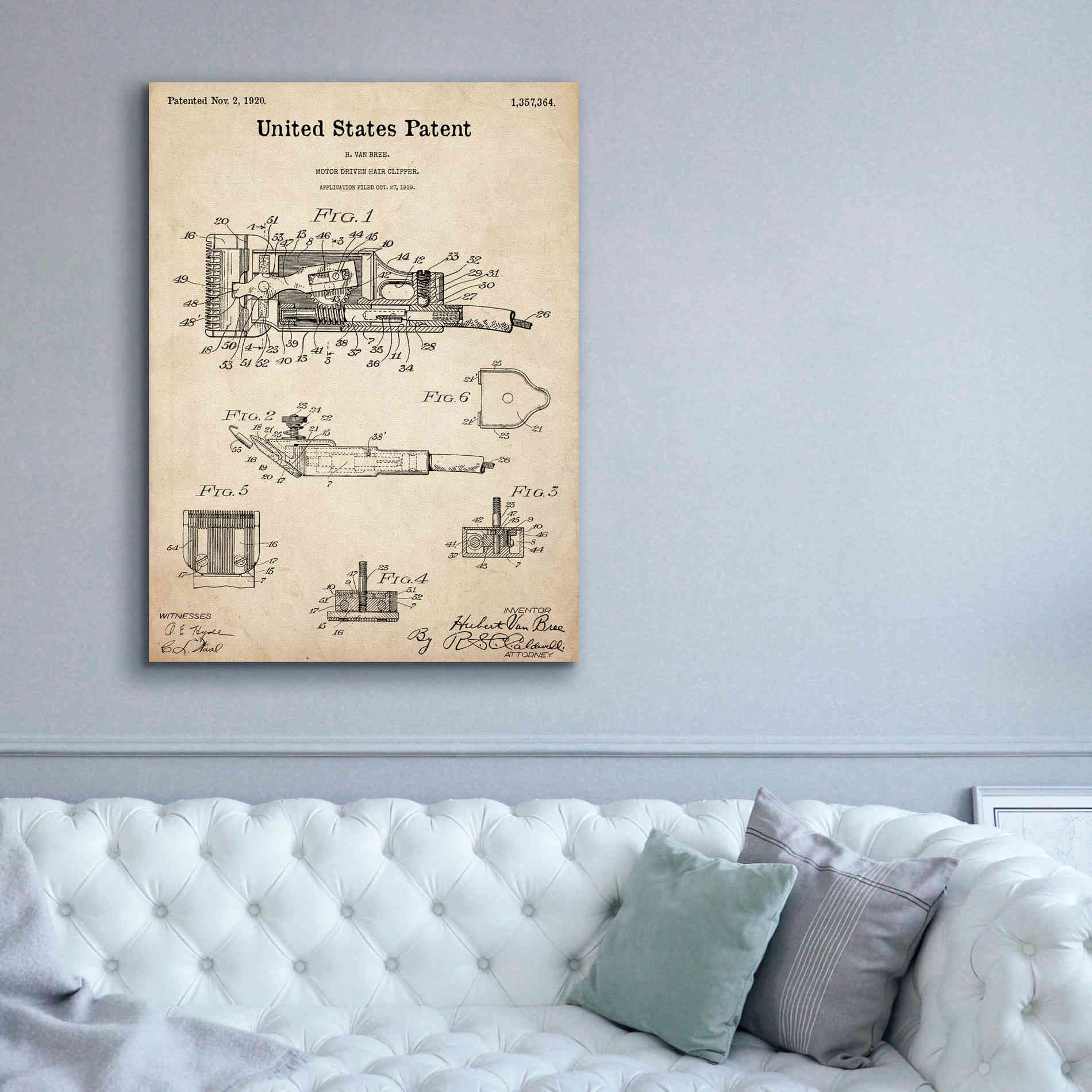 'Motor Hair Clipper Blueprint Patent Parchment,' Canvas Wall Art,40 x 54