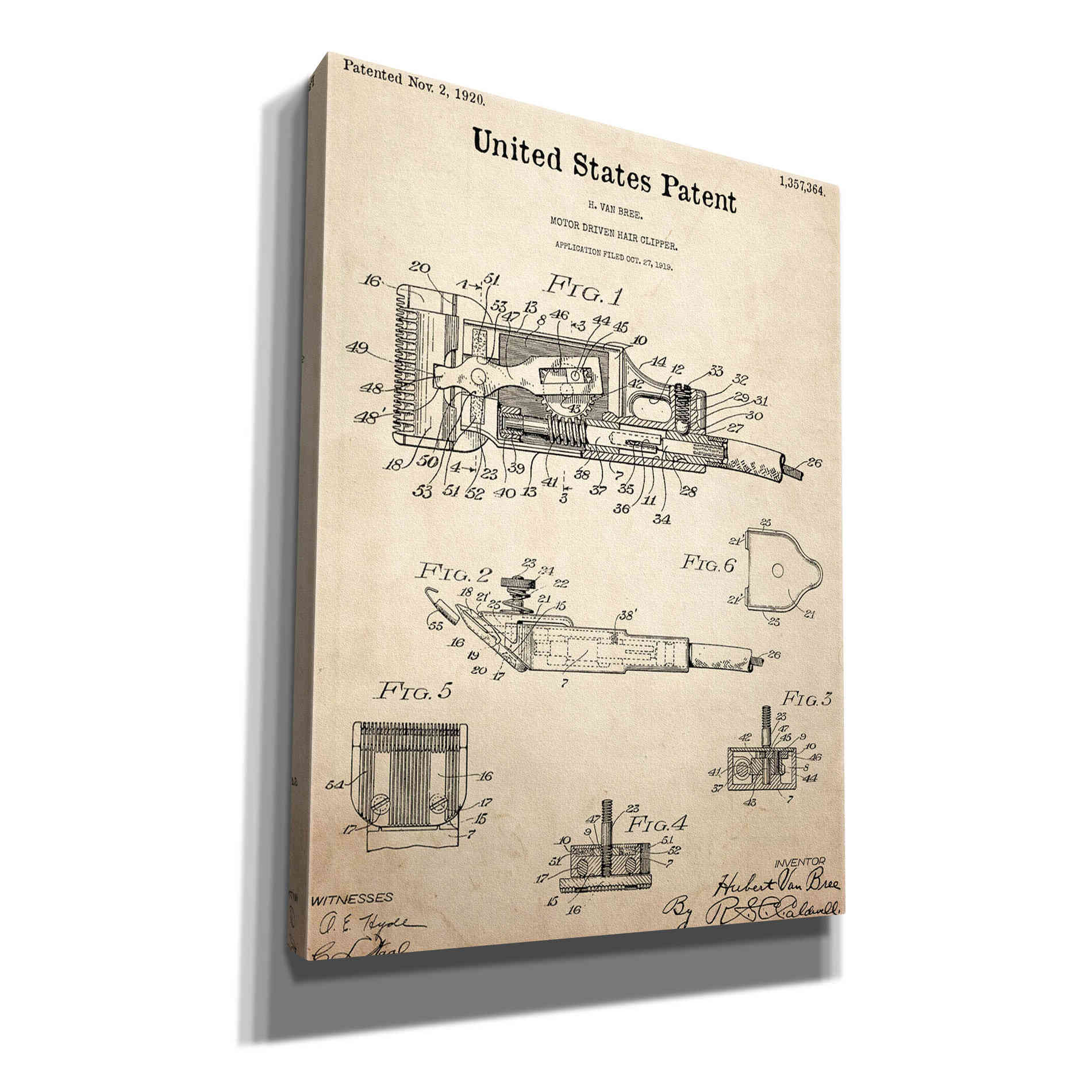 'Motor Hair Clipper Blueprint Patent Parchment,' Canvas Wall Art,12x16x1.1x0,18x26x1.1x0,26x34x1.74x0,40x54x1.74x0