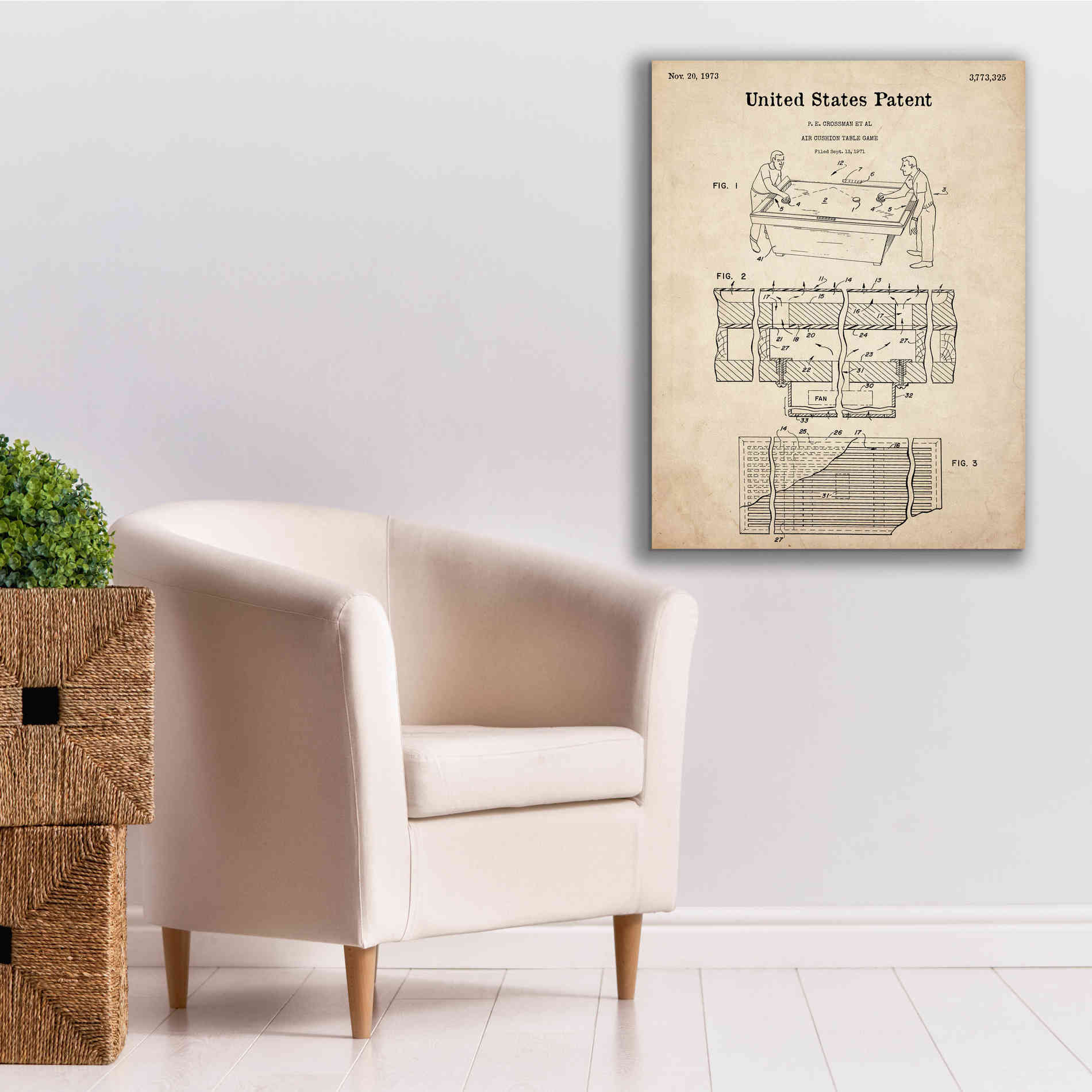 'Air Hockey Blueprint Patent Parchment,' Canvas Wall Art,26 x 34