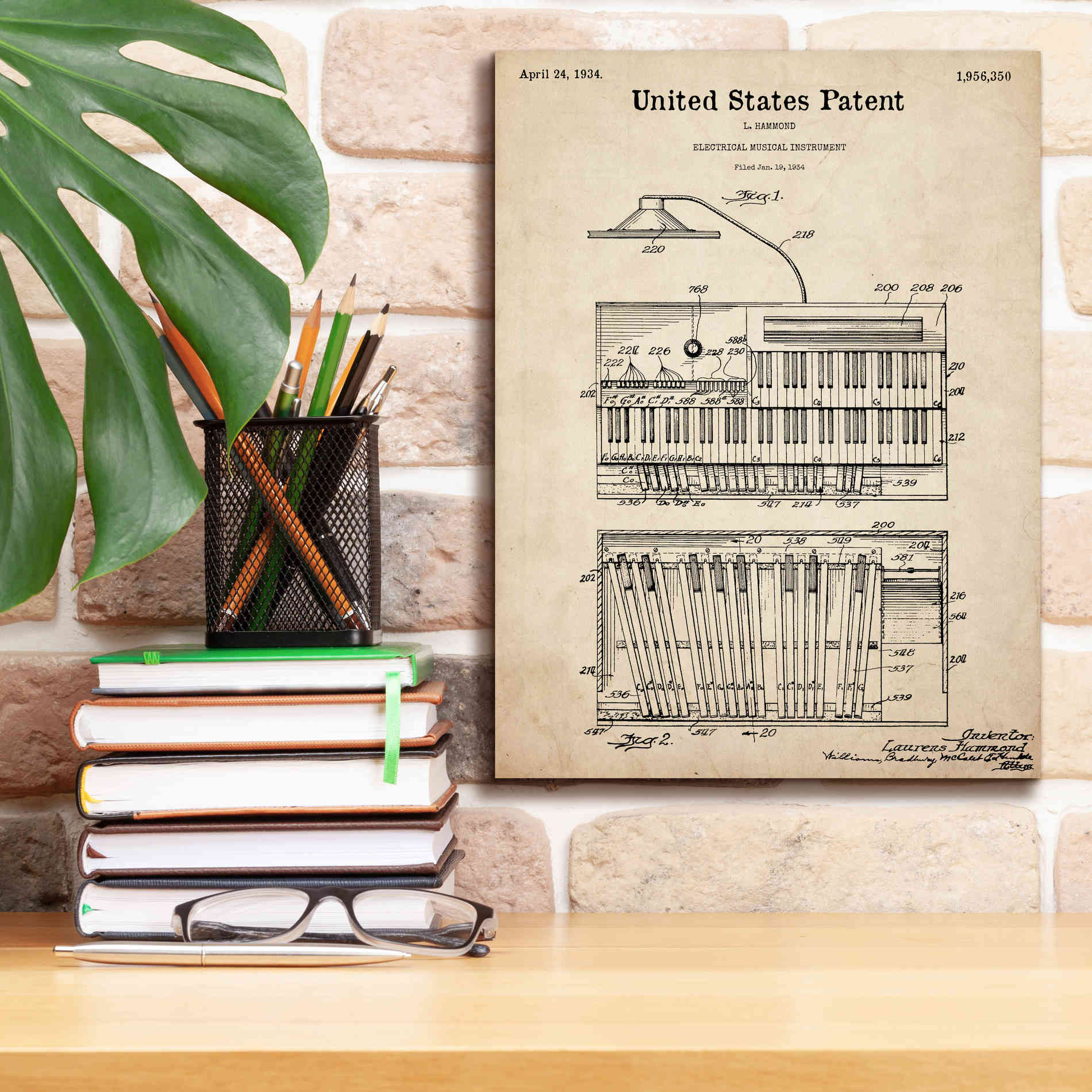 'Keyboard Instrument Blueprint Patent Parchment,' Canvas Wall Art,12 x 16