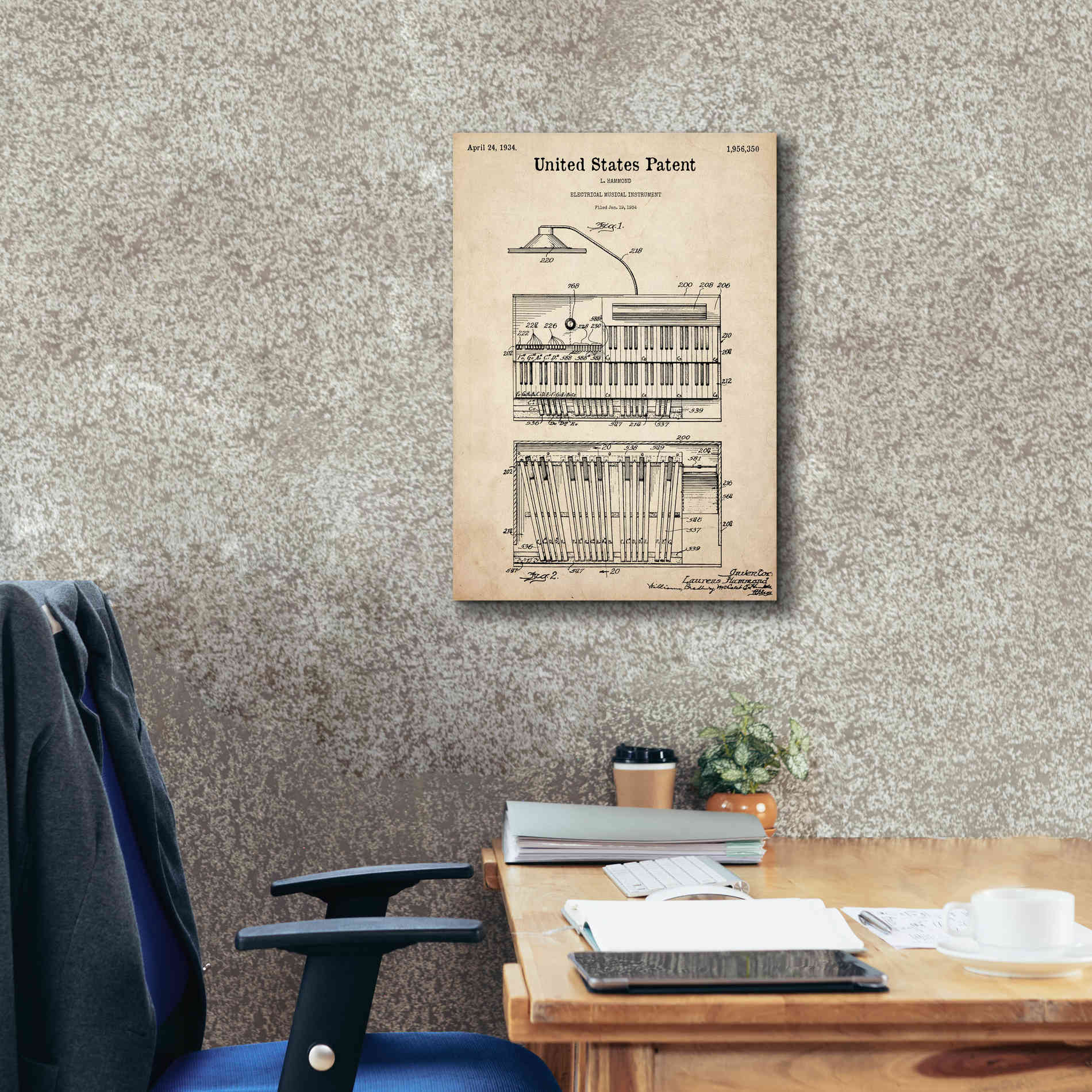 'Keyboard Instrument Blueprint Patent Parchment,' Canvas Wall Art,18 x 26