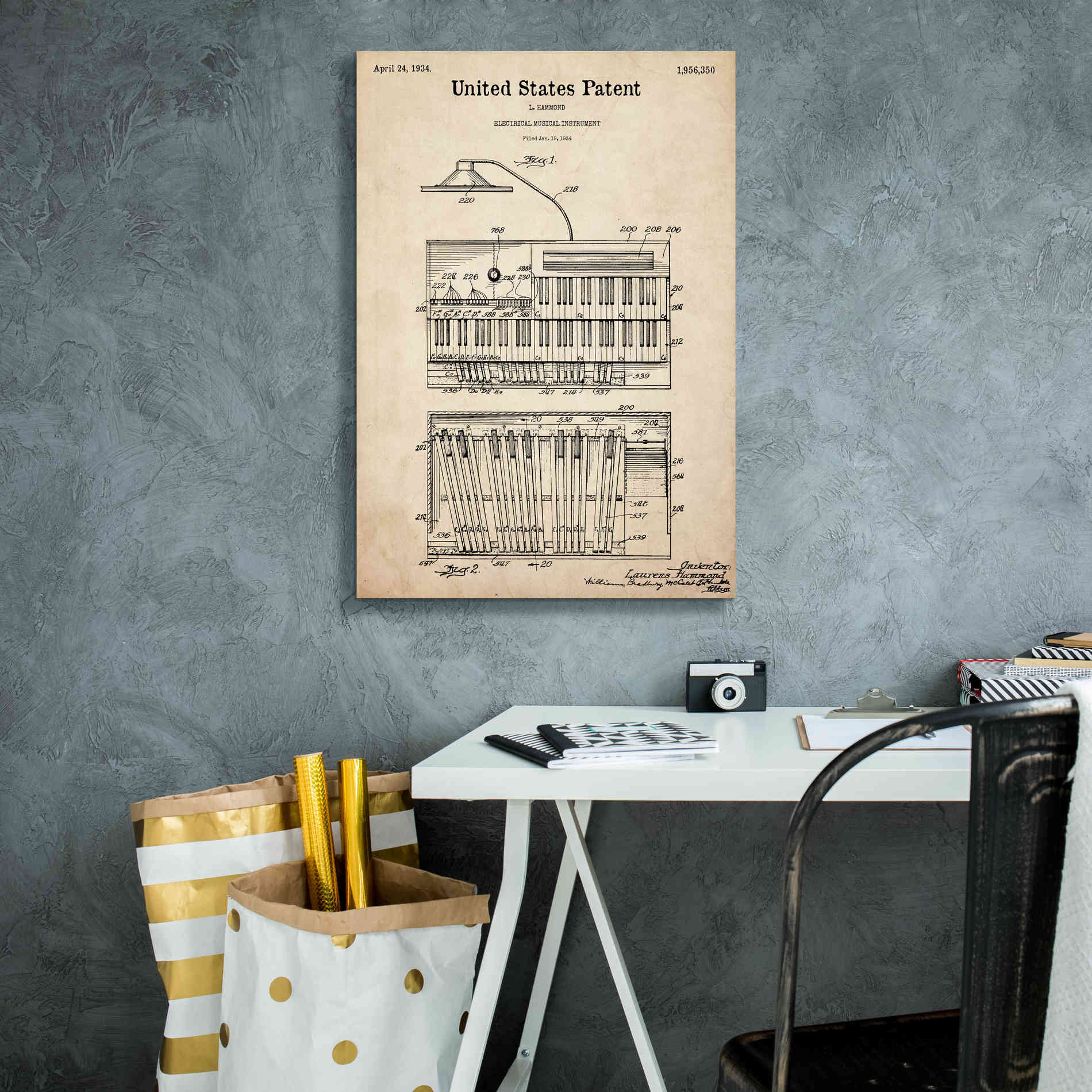 'Keyboard Instrument Blueprint Patent Parchment,' Canvas Wall Art,18 x 26
