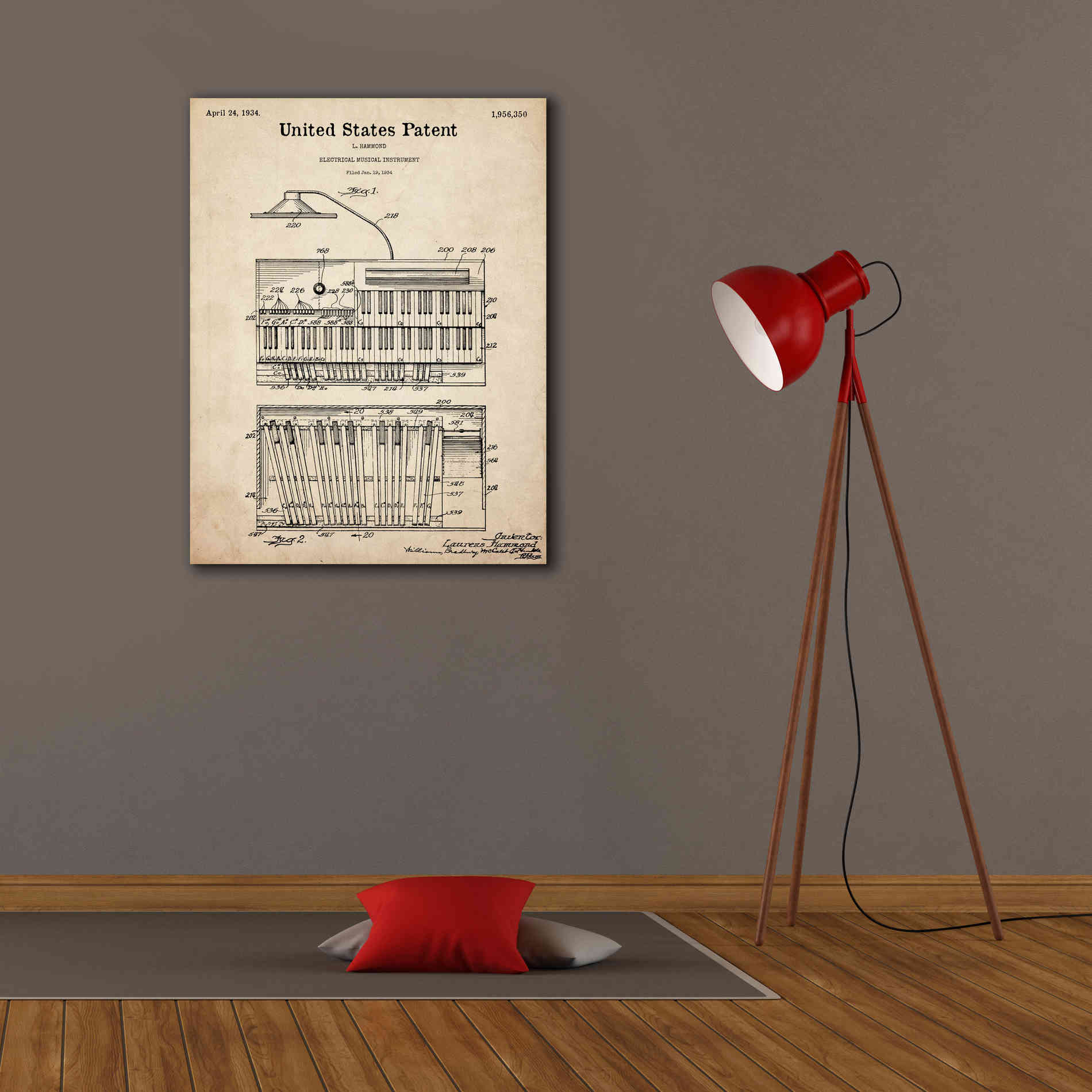 'Keyboard Instrument Blueprint Patent Parchment,' Canvas Wall Art,26 x 34